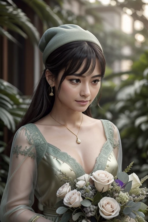 print or online media display. Oil painting with realistic details, cores vivas, Extraordinarily detailed hair texture and perfectly captured facial features. Professional studio lighting to create a soft, immersive atmosphere. The woman is wearing an elegant silk blouse with a pearl necklace and holds a bouquet of fresh flowers. The setting is a lush garden, with colorful flowers and lush vegetation, conveying a sense of serenity. The color palette is made up of soft green and earthy tones., com toques sutis de rosa e roxo. The background is blurry and out of focus, colocando o foco total na beleza da mulher. Image quality is exceptional, with ultra-fine details and a high level of realism.+# 注意事项 - 请在提交前确认生成的 prompt 格式是否正确。
- 请勿使用自动翻译工具来生成 prompt,以免出现错误或不通顺的表达。