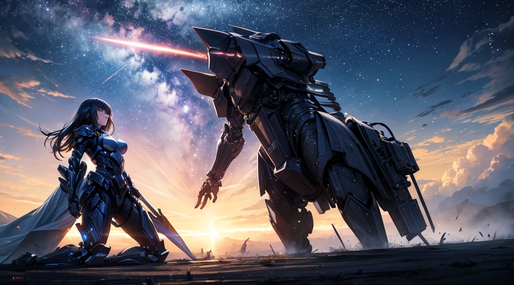 ((Epic battle)) (wide angle) woman in sleek mech armor, mechanical wings on her back, surveying a battlefield, shimmering dark armored shield in her left hand, a great cybernetic sword in her right hand, (best Quality), explosions in the sky with hundreds of stars streaking across the sky, (HDR) 4K