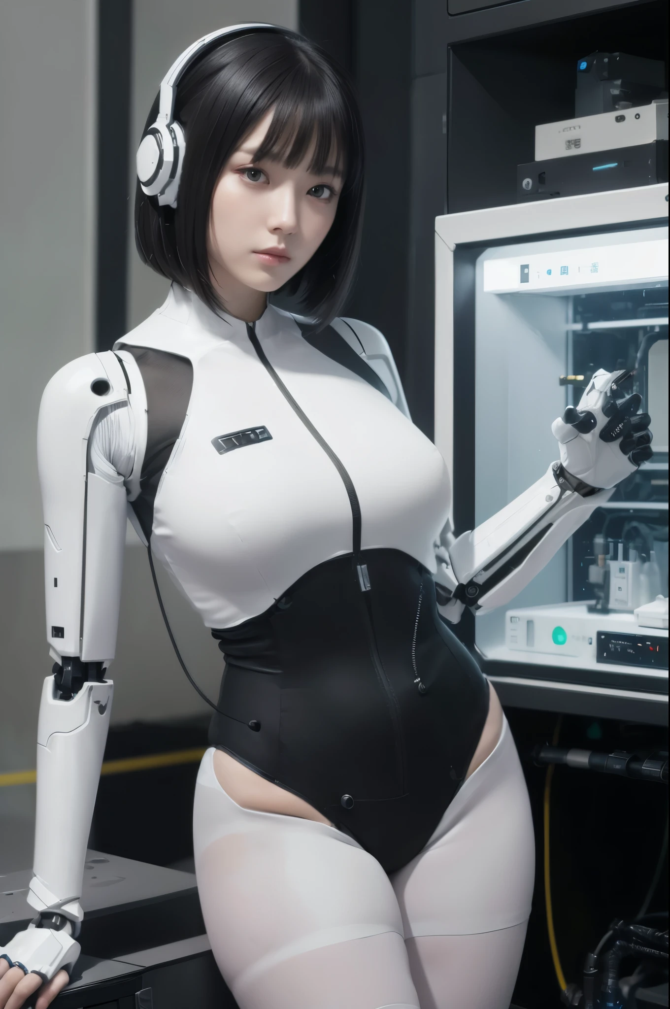 (photorealistic:1.4), (RAW photo)masterpiece, best quality, extremely detailed, (photorealistic:1.4), (RAW photo) (8K, 4K, Best Quality, hight resolution, 超A high resolution:1.1), (masutepiece, Realistic, Photorealsitic:1.1), 8k portrait, Japaese android Girl,Plump , dark black knee high socks,announcer,control panels,android,Droid,Mechanical Hand, Robot arms and legs, Black Robot Parts,Black hair,Mechanical body,Blunt bangs,White abdomen,white body suits,White robotics parts,perfect robot woman,future laboratory,cyber pank,charging spot,laboratory,long tube,thick cable connected her neck,ceramic body ,full eyes,striking eyes,perfect mechanical body, white robot body,lod antenna,mechanical ear cover,android,robot humanoid,black sponge joints,