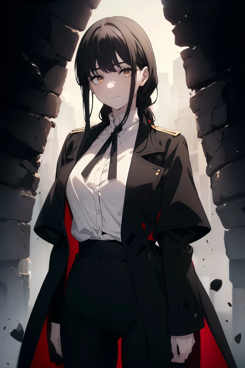 ((((Obra maestra, La mejor calidad, ultrahigh resolution)))), 1girl, standing, military uniform, cameo pants, cameo coat, (((black hair, dark black hair over eye:1))), long hair cut, pale skin, ((brown eyes)), glowing_eyes, neon eyes, (ultra detailed eyes:0.7, beautiful and detailed face, detailed eyes:0.9), ((centered)), smile, ((wide shot)), facing viewer, ((miliatary warzone background)), medium breasts, looking at viewer, ((half closed eyes)), ((perfect hands)), (((head:1, arms, hips in view, elbows, in view))), ((hand pulling off clothing)), empty eyes, beautiful lighting, outside, outdoors, background, defined subject, 25 years old, (head tilt), (((cool))),