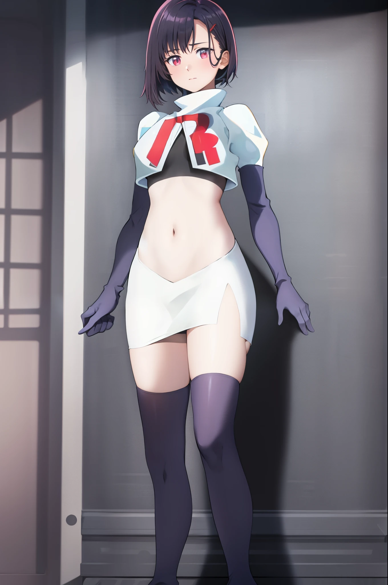 masterpiece, best quality, MShizukaV4, 1girl, solo, hair ornament, navel, medium breasts, standing, hairclip, team rocket, team rocket uniform, red letter R, white skirt, white crop top, black thigh-high boots, black elbow gloves,