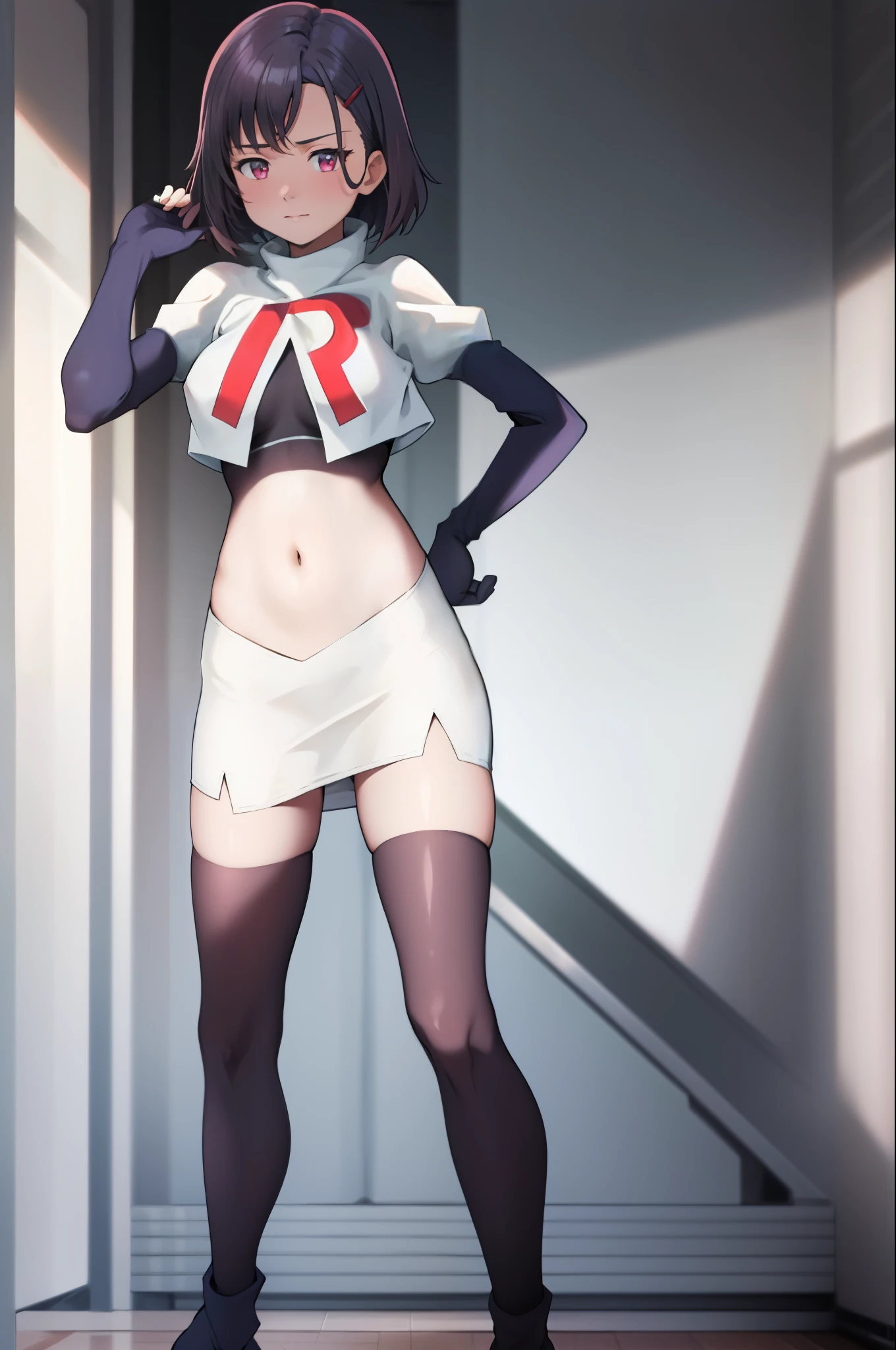 masterpiece, best quality, MShizukaV4, 1girl, solo, hair ornament, navel, medium breasts, standing, hairclip, team rocket, team rocket uniform, red letter R, white skirt, white crop top, black thigh-high boots, black elbow gloves,