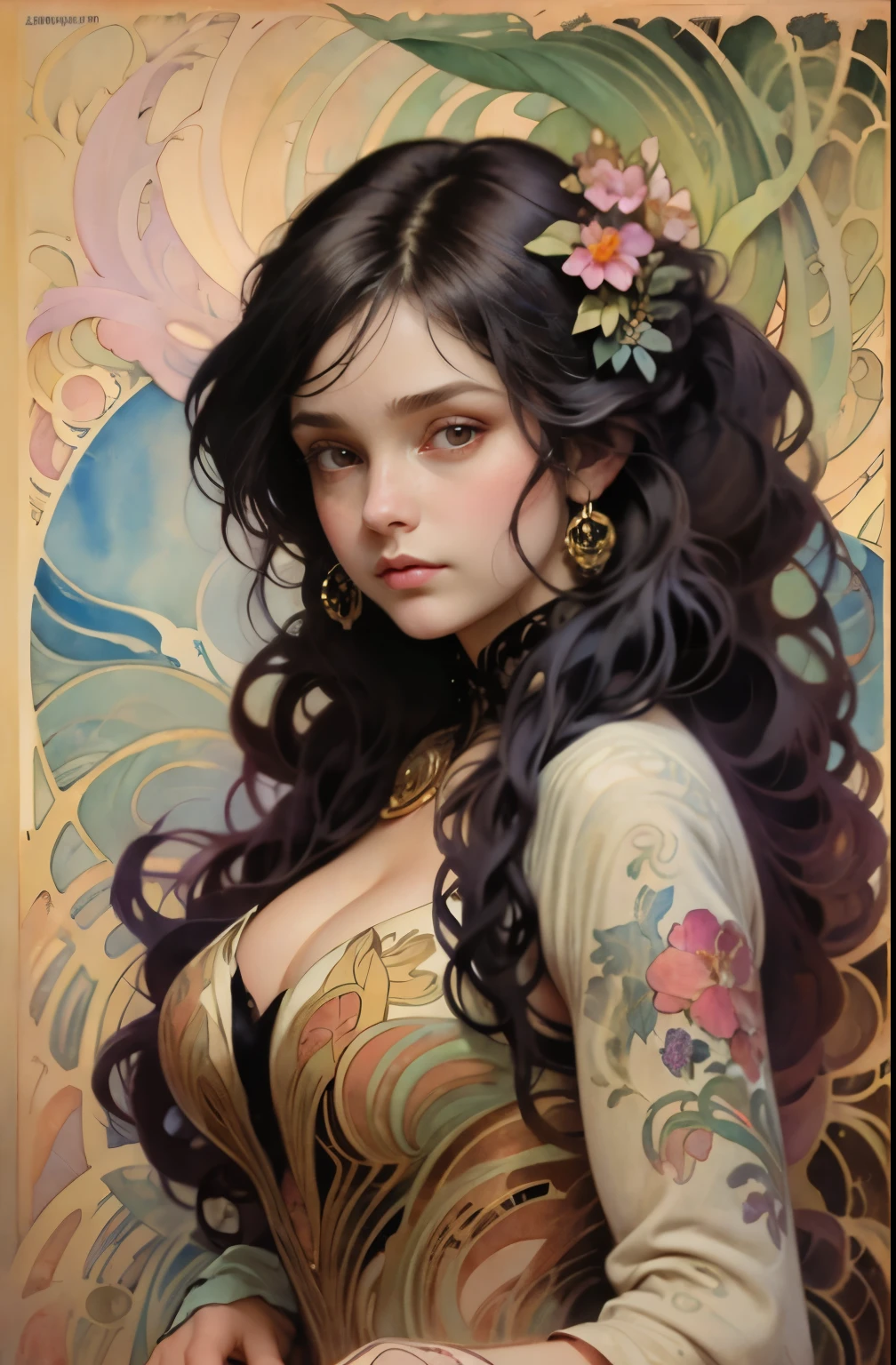 ((masterpiece)), (best quality), (cinematic),  art nouveau, (watercolor painting), Goddess of Venus, large breasts, big eyes, long thick eyelashes, cleavage, full lips, long thick hair,  high ponytail, accessories, featuring intricate designs and patterns in the style of Alphonse Mucha.