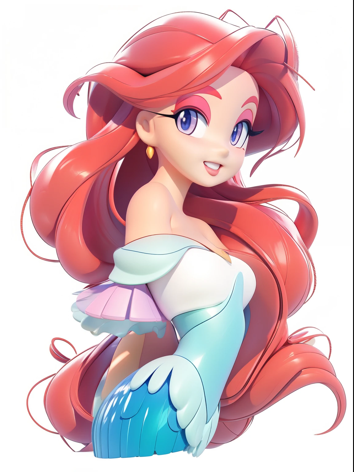 The Little Mermaid Ariel by on devite, Close-up of redhead, disney style style, cute big breasts, Chibi, inspired by Puru, offcial art, Excellent, Bubl, Pomart style, tmasterpiece, Best quality, 3 d model, フォトリアリスティック, Rich details​, HD render mixer, claymaterial, white backgrounid