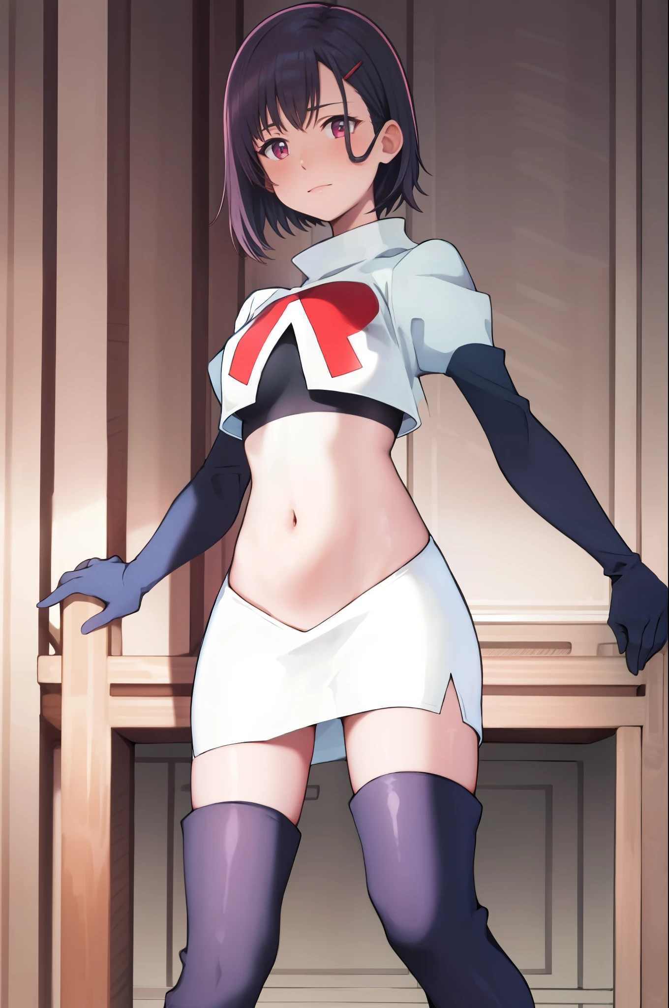 masterpiece, best quality, MShizukaV4, 1girl, solo, hair ornament, navel, medium breasts, standing, hairclip, team rocket, team rocket uniform, red letter R, white skirt, white crop top, black thigh-high boots, black elbow gloves,