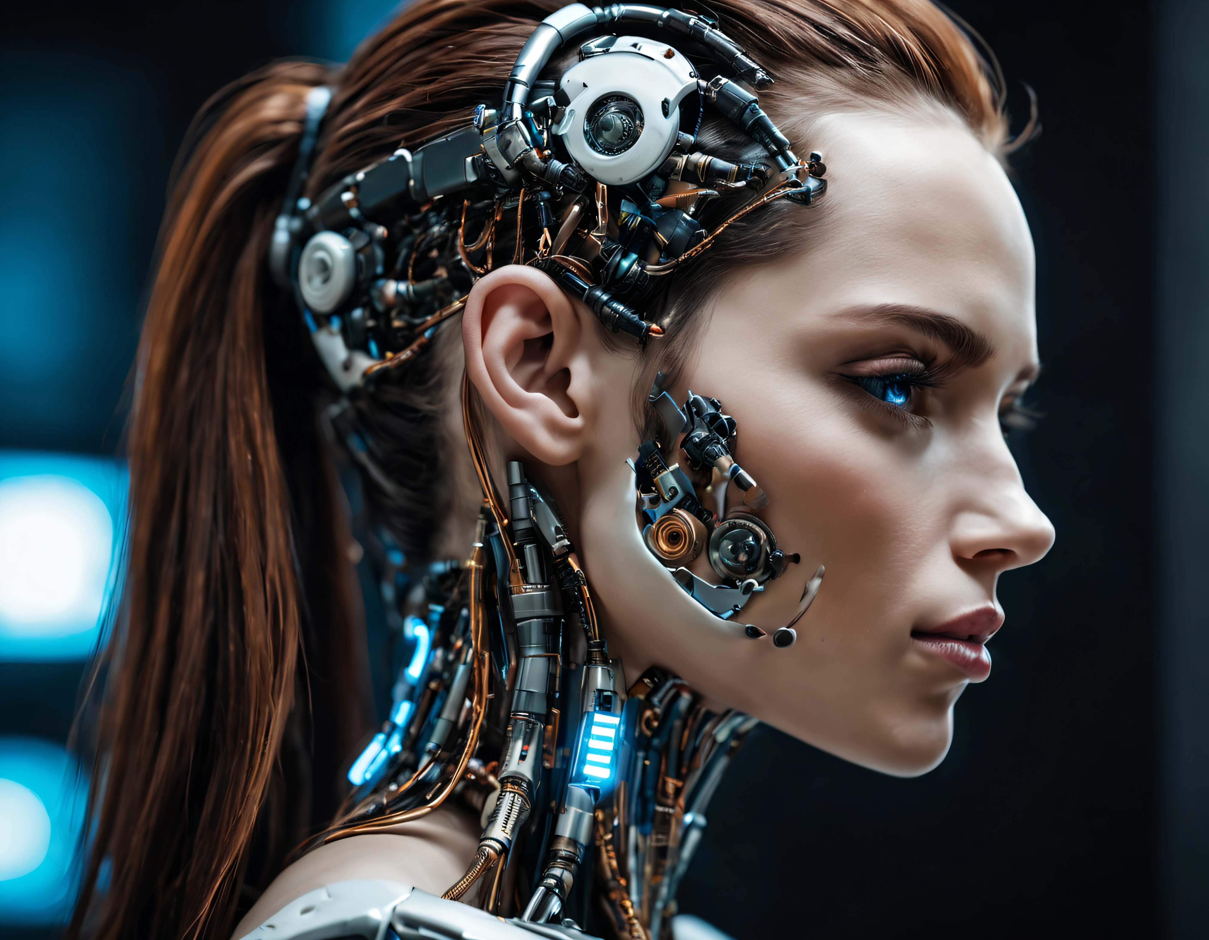 hermoso perfil de porcelana mujer, rostro de Android, cíborg, Robotic Parts, perfecta luz suave de , luz de borde, detalles vibrantes, lujoso cyberpunk, encaje, hiperrealista, anatomical, facial muscles,