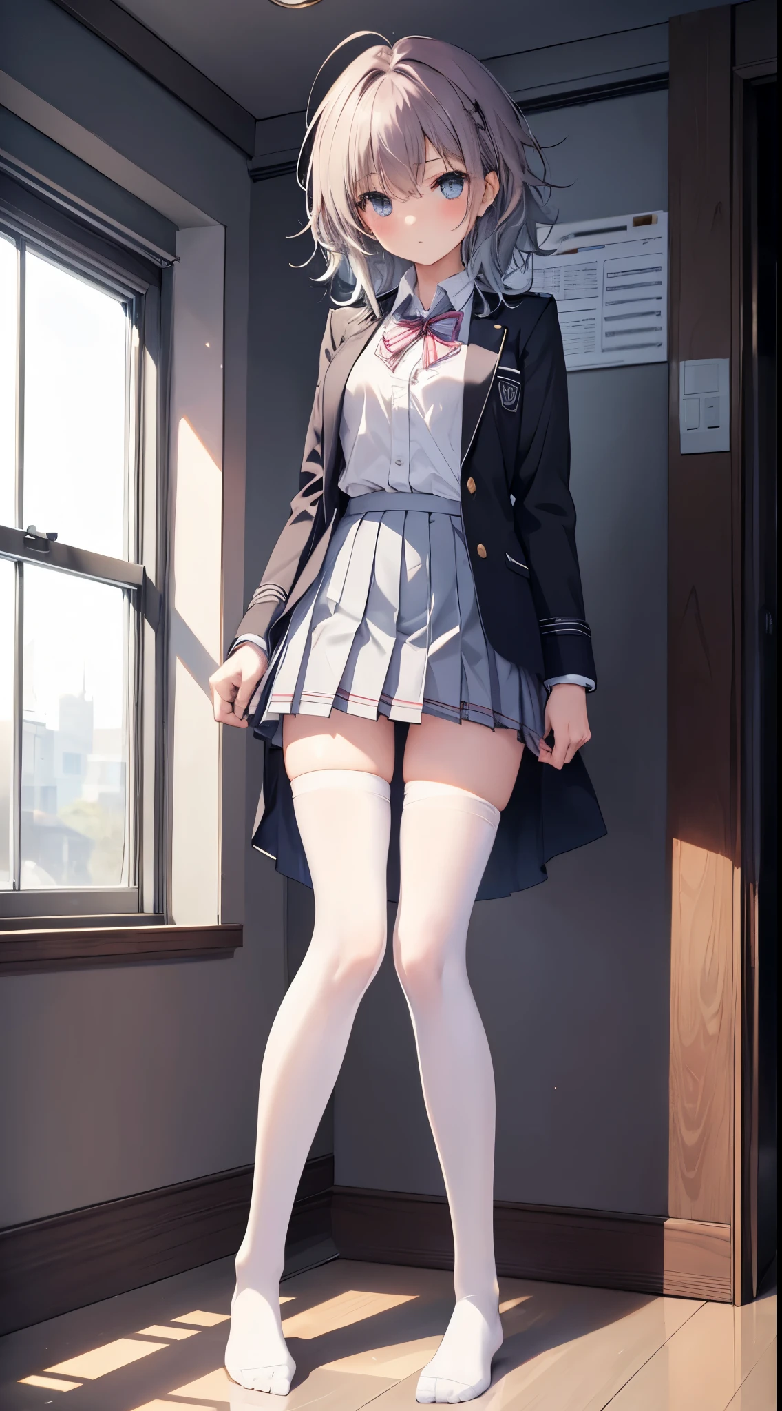 Finest, masterpiece, high definition, (full body), frontal, symmetrical, mature high school girl, solo, (full body from head to toe), small breasts, long hair, slightly messy hair, (black tights), ( (black pantyhose), black pantyhose, composition showing white panties, slender beautiful legs, a very beautiful -yeld gi(not wearing shoes) legs), blushing, shy big eyes, messy hair, looking at camera, showing white panties, white frilly lingerie, high school uniform blazer, high school uniform White blouse, high school uniform with blue ribbon, high school uniform with short plaid pattern and navy pleated skirt