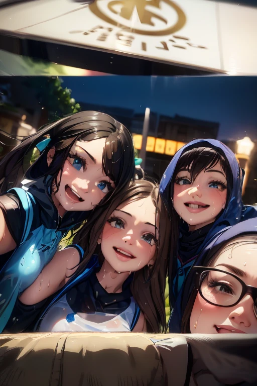 there are three girls that are taking a selfie together, beautiful girls, beautiful faces, low quality grainy, not blurry, slightly awkward smile!, having a great time, snapchat photo, blurry, profile picture, non blurry, smiling for the camera, very silly looking, yearbook photo, very very low quality picture, with wet faces!!, posing for a picture