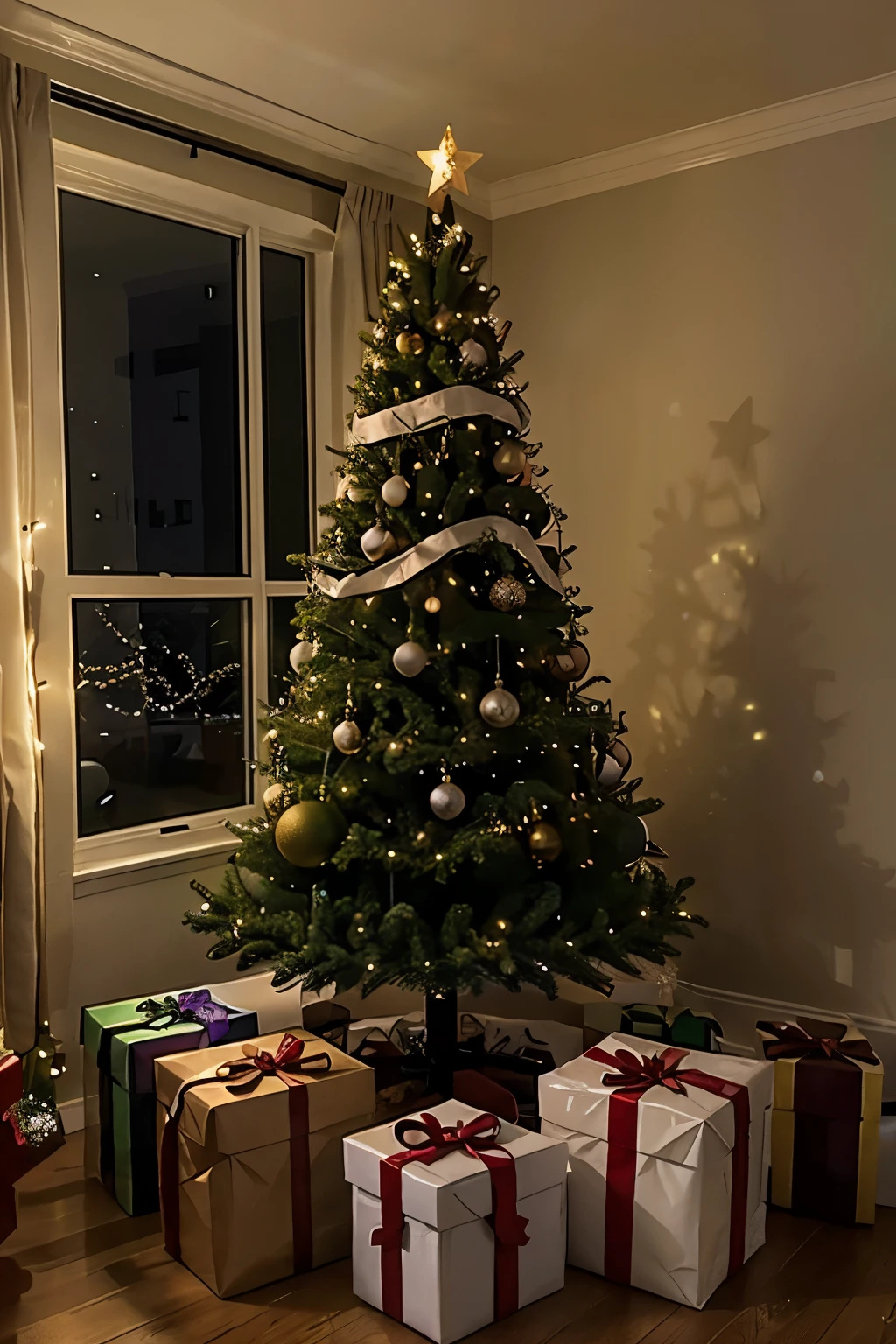 christmas tree in dark room, lots of colours, gift boxes