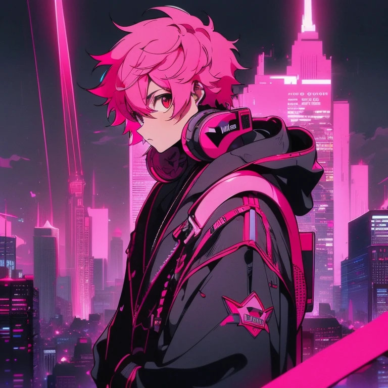 (short-cut), (Two-block hair), (vivid pink hair), (male character), (Red Eyes), (Cool pose), (of the highest quality), (​masterpiece), (ultra-detailliert), (Oversized hoodies), (Street), (neons), (Camera from a down angle), (Modern City), (neonsデイライト), (Cinematic), (Stylish), (hight resolution), (Hyper Detailed), (Looking at the camera), (Anime-style), (Softtown), (nightcore), (a handsome man), (Listening to music through headphones), (natural appearance of the building), (casual), (ig studios anime style), (Super beautiful angle of view),