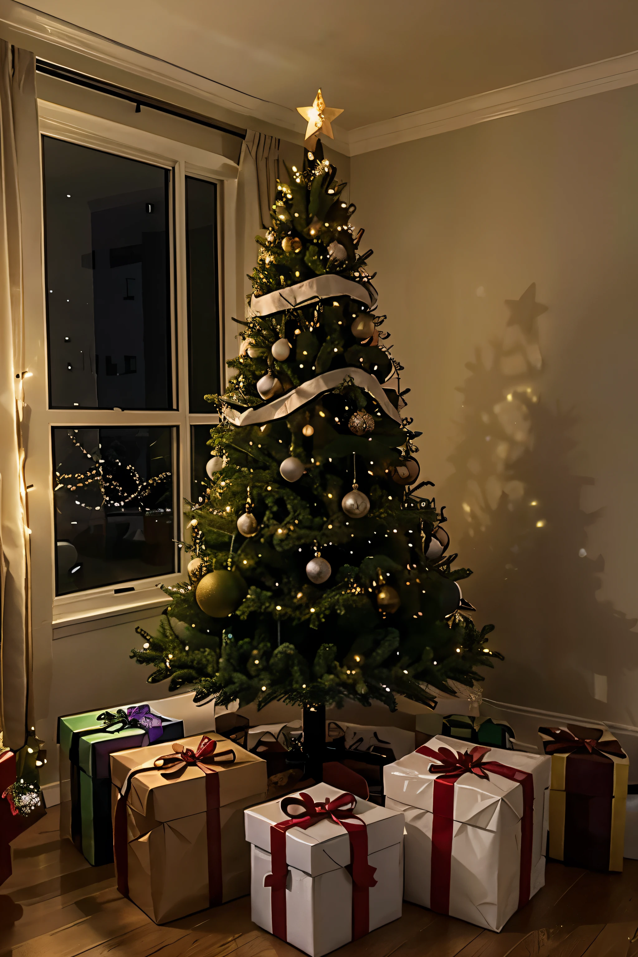christmas tree in dark room, lots of colours, gift boxes