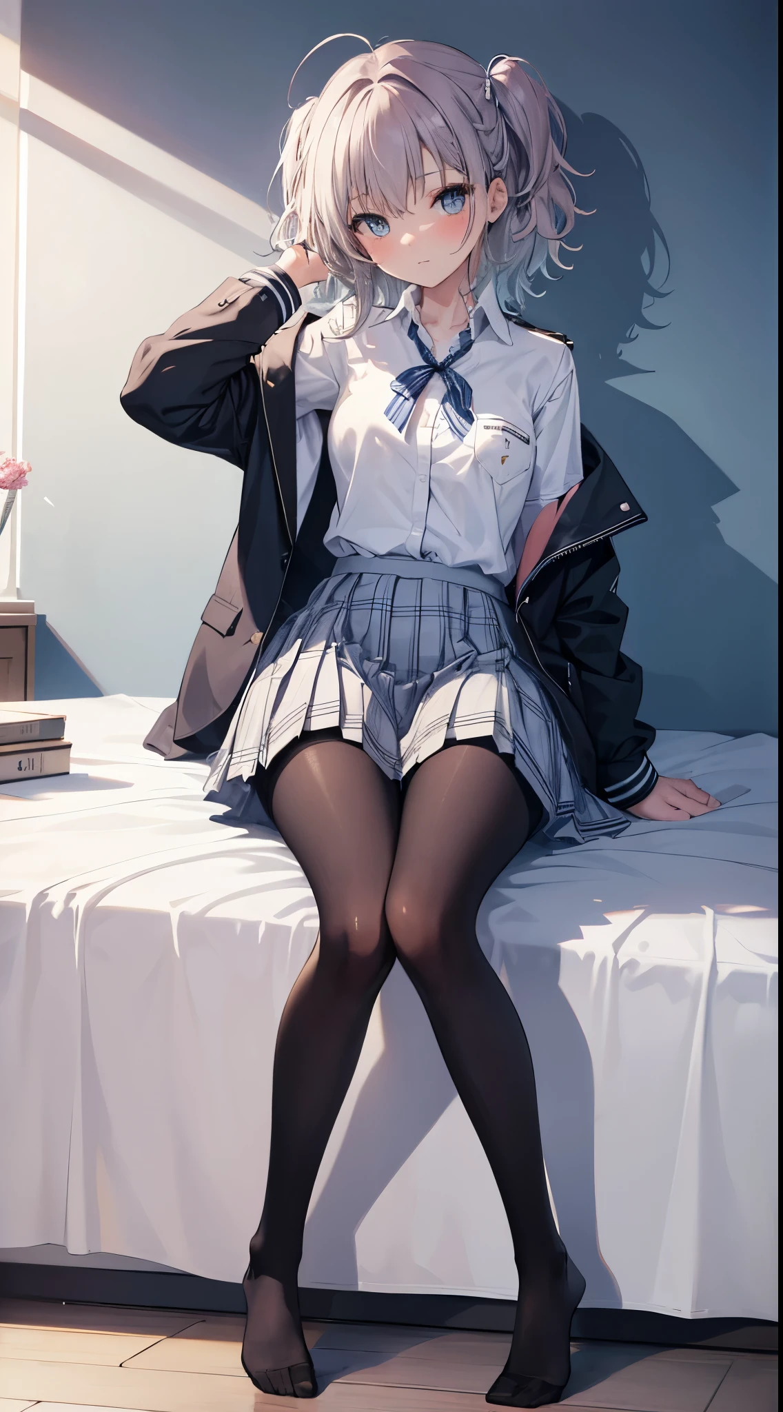 Finest, masterpiece, high definition, (full body), frontal, symmetrical, mature high school girl, solo, (full body from head to toe), small breasts, long hair, slightly messy hair, (black tights), ( (black pantyhose), black pantyhose, composition showing white panties, slender beautiful legs, a very beautiful -yeld gi(not wearing shoes) legs), blushing, shy big eyes, messy hair, looking at camera, showing white panties, white frilly lingerie, high school uniform blazer, high school uniform White blouse, high school uniform with blue ribbon, high school uniform with short plaid pattern and navy pleated skirt
