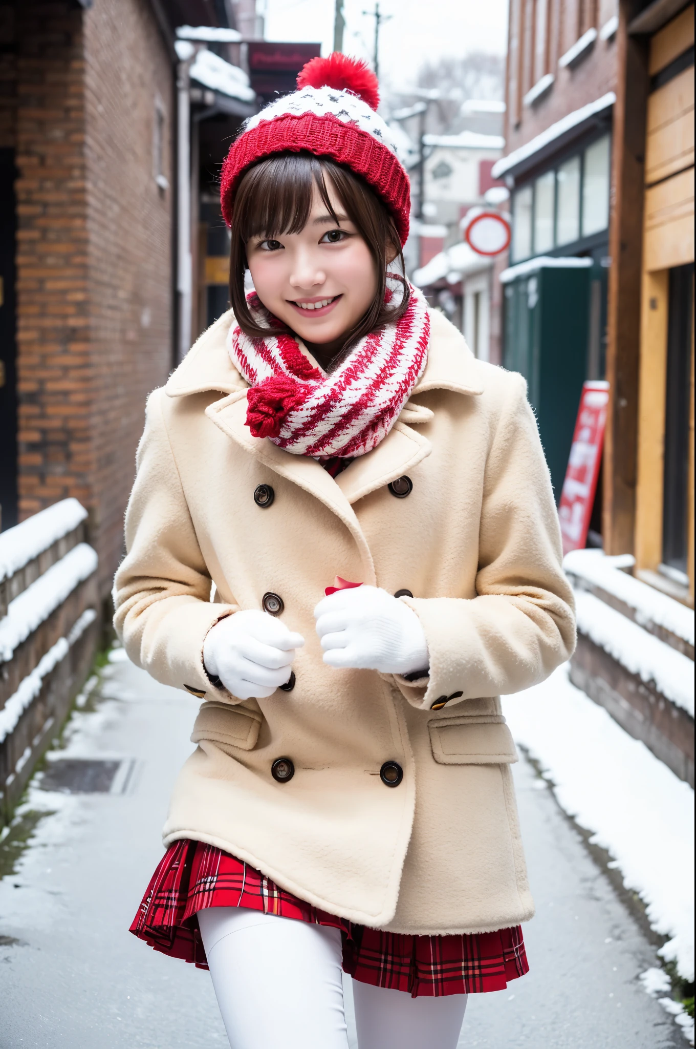 girl in snowy town street,red and white knitted hat,white leggings,long coat,gloves,red and white scarf,plaid pleated skirt,18-year-old,bangs,a little smile,thighs,knees,short cut hair,ponytail,from below