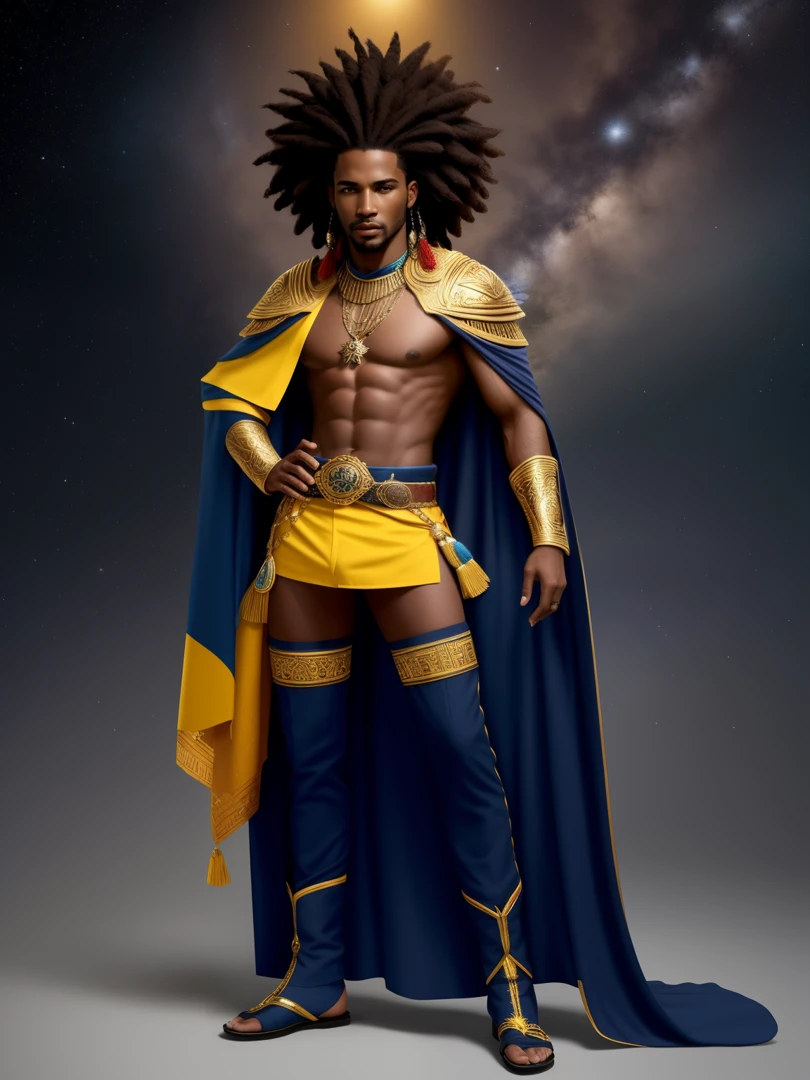 Create an image of a black ninja after an apocalypse in the future, afro cabelo caindo para frente, Rasta type but braided, corpo inteiro, vestindo um traje indiano ribulo africano corpo inteiro, A realistic 4K phoenix with blue feathers, dourado, cosmico , com uma Moreno, de cabelo afro cabelo caindo para frente, Rasta type but braided, Estilo Art Vista de Corpo Inteiro, plano completo, vista frontal, Vista lateral, vista traseira, de personagem, Multiple views and poses, various points of view, um personagem, corpo inteiro, personagem com menos, estilo de roupa, no mesmo Estilo de cabelo, less Type of footwear, strong full-body vision, plano completo, vista frontal, vista traseira, design de personagem, Multiple views and poses, various points of view, de um personagem, corpo inteiro,, personagem com mesmo, estilo de roupa, no mesmo Estilo de cabelo, same type of footwearThe route follows the cores of the Cape Verde flag. The top is deep blue, simbolizando o oceano que cerca as ilhas. The chest and the central part are white, representando a paz e a unidade do povo cabo-verdiano. The sleeves and legs are red, denoting determination and spirit, do 10 Estrelas Douradas, : Ten gold stars are prominently displayed at the top of the costume, ao longo do peito e ombros, representando as 10 principais ilhas de Cabo Verde. Cada estrela, It is carefully detailed and shines brightly against the background Star Belt A wide belt, also golden, is used in Tribal Details, O traje incorpora elementos tribais discretos em seu design, referencing the cultural heritage of Cape Verde