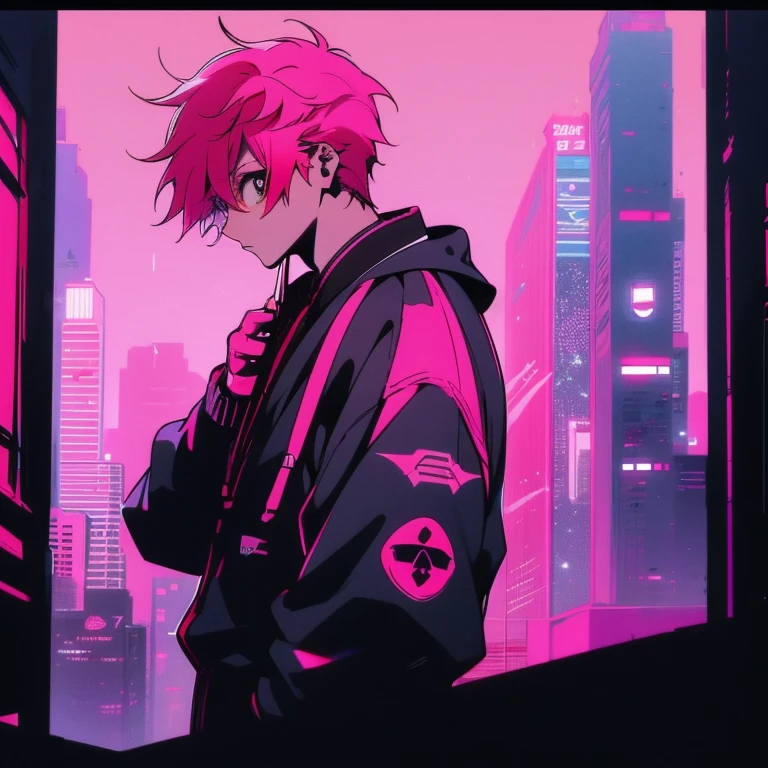 (short-cut), (Two-block hair), (vivid pink hair), (male character), (Red Eyes), (Cool pose), (of the highest quality), (masterpiece), (ultra-detailliert), (Oversized hoodies), (Street), (neons), (Camera from a down angle), (Modern City), (neonsデイライト), (Cinematic), (Stylish), (hight resolution), (Hyper Detailed), (Looking at the camera), (Anime-style), (Softtown), (nightcore), (a handsome man), (Listening to music through headphones), (natural appearance of the building), (casual), (ig studios anime style), (Super beautiful angle of view),