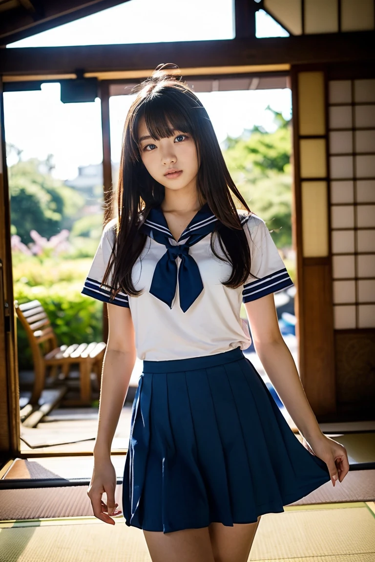 ((Inside a broken concrete building))、((Two beautiful Japan girls))、a beauty girl、Cute same school uniform、Same sailor suit、ars、Height 170cm、8th class、serious facial expression、With bangs、Straight semi-long hair、((Long skirt to hide the knees))、((Navy long skirt below knee length))、total darknessな夜、total darkness、(deep in the night)、the wind、Thin leg、Niō Standing、put strength into your body、((Photography equipment、Photography Staff、Reflector))、Battle Mode、