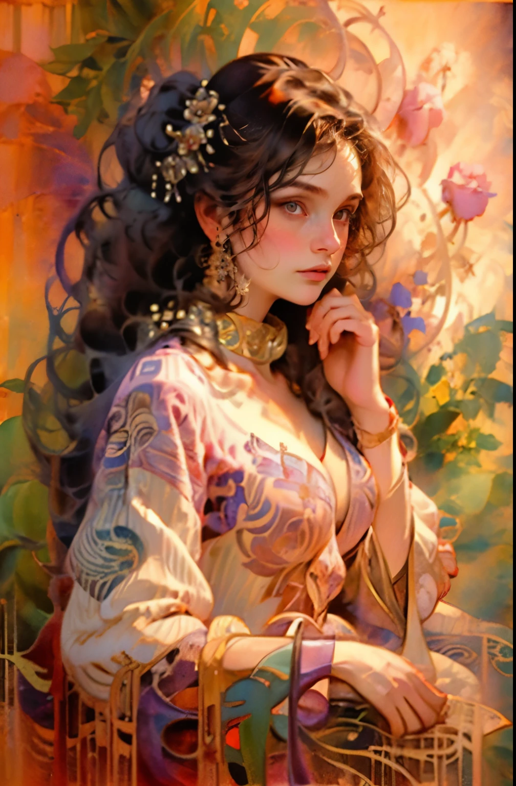 ((masterpiece)), (best quality), (cinematic),  art nouveau, (watercolor painting), Goddess of Cats, large breasts, big eyes, long thick eyelashes, cleavage, full lips, long thick hair,  high ponytail, accessories, featuring intricate designs and patterns in the style of Alphonse Mucha.