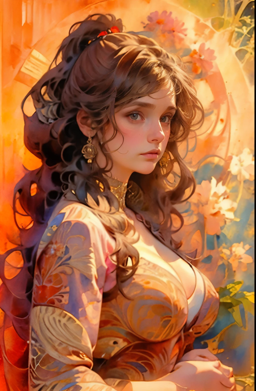 ((masterpiece)), (best quality), (cinematic),  art nouveau, ((watercolor painting)), Goddess of Venus, large breasts, big eyes, long thick eyelashes, cleavage, full lips, long thick hair,  high ponytail, accessories, featuring intricate designs and patterns in the style of Alphonse Mucha.