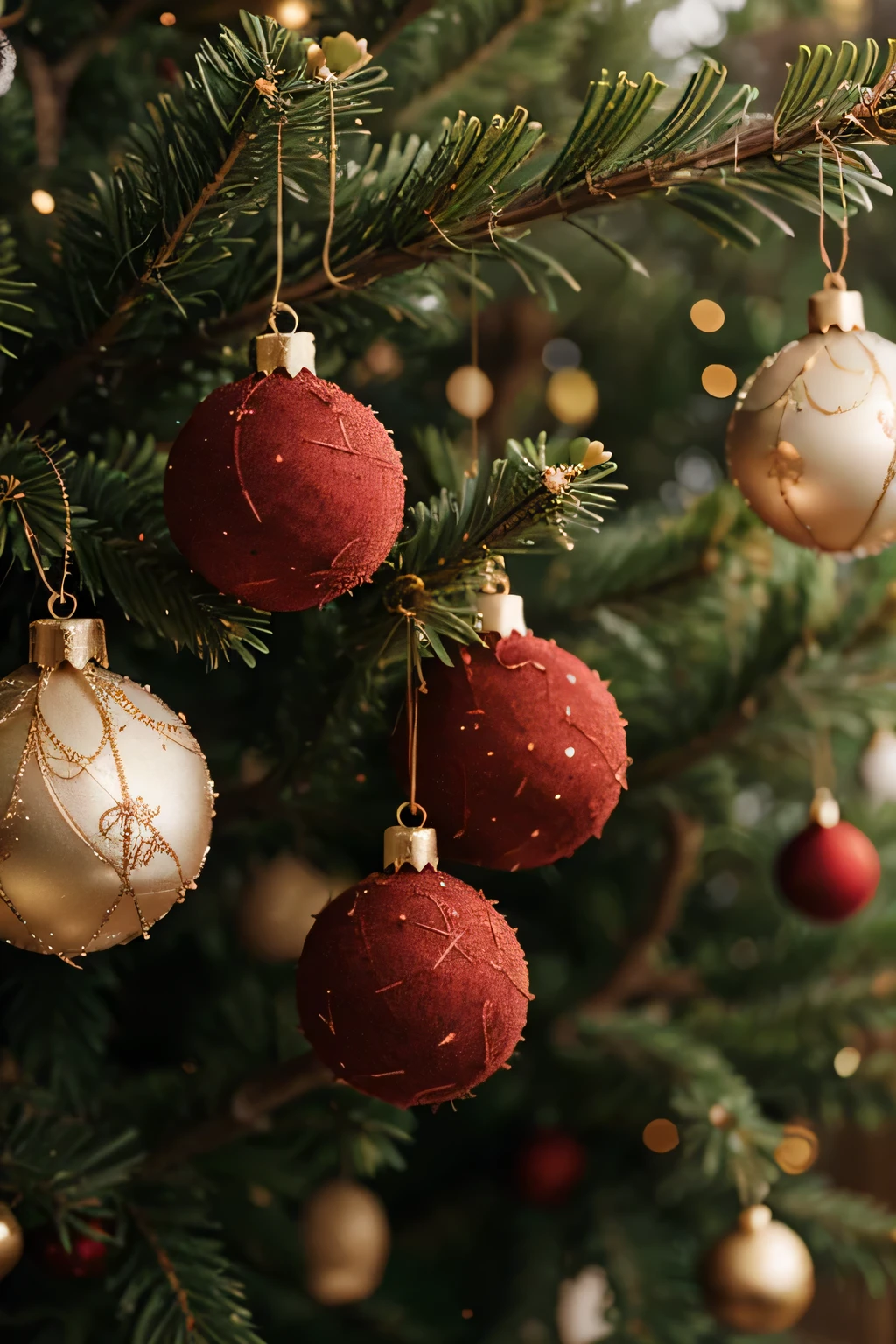 chrsitmas balls hanging on the tree, blur background