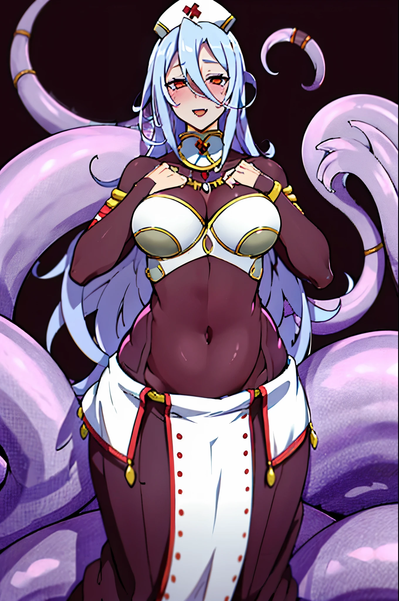 snake girl, serpent girl, scalie, 1girl, lamia, monster girl, breasts, solo, open mouth, large breasts, long hair, blush, hair between eyes, nurse cap, hat, smile, looking at viewer, covered navel, :d, white hair, scales, tail ornament, bridal gauntlets, half-closed eyes, fangs, navel, tail, jewelry, simple background, skirt, bangs