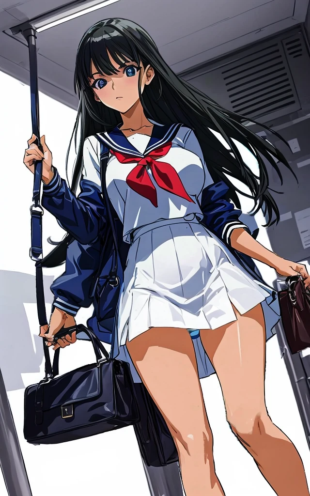 A beautiful woman with long black hair, big breasts, and beautiful legs is wearing a sailor suit with a white miniskirt, showing light blue and blue striped panties, and standing proudly glaring at a middle-aged office worker on the bus.。