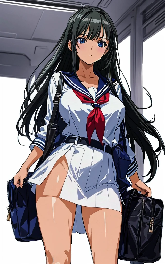 A beautiful woman with long black hair, big breasts, and beautiful legs is wearing a sailor suit with a white miniskirt, showing light blue and blue striped panties, and standing proudly glaring at a middle-aged office worker on the bus.。