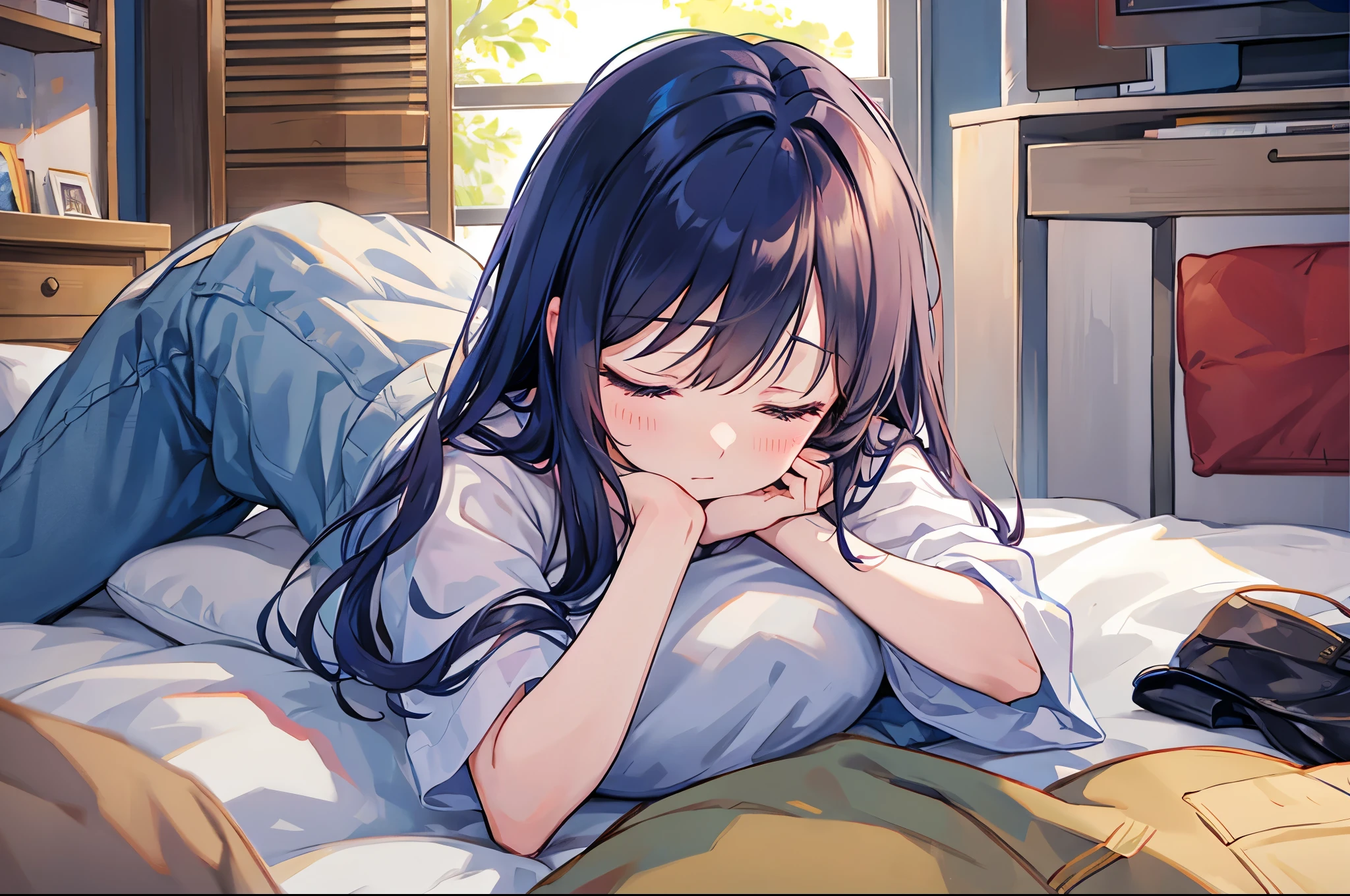 maisakurajima, Mai Sakurajima, long hair, bangs, sleeping with both eyes closed,windows,romantic starry sky,A meteor crosses,pink nightgown,white string underwear,barefoot,Sleeping lying on your back in bed,night,sleep with your head on the pillow,dark room,night, moonlight,
break indoors, Bedroom,
break (masterpiece:1.2), highest quality, High resolution, unity 8k wallpaper, (figure:0.8), highly detailed face, perfect lighting, Very detailed CG, (perfect hands, perfect anatomy),