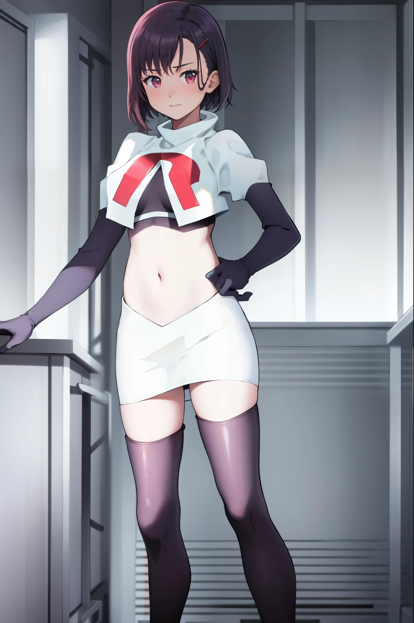 masterpiece, best quality, MShizukaV4, 1girl, solo, hair ornament, navel, medium breasts, standing, hairclip, team rocket, team rocket uniform, red letter R, white skirt, white crop top, black thigh-high boots, black elbow gloves,