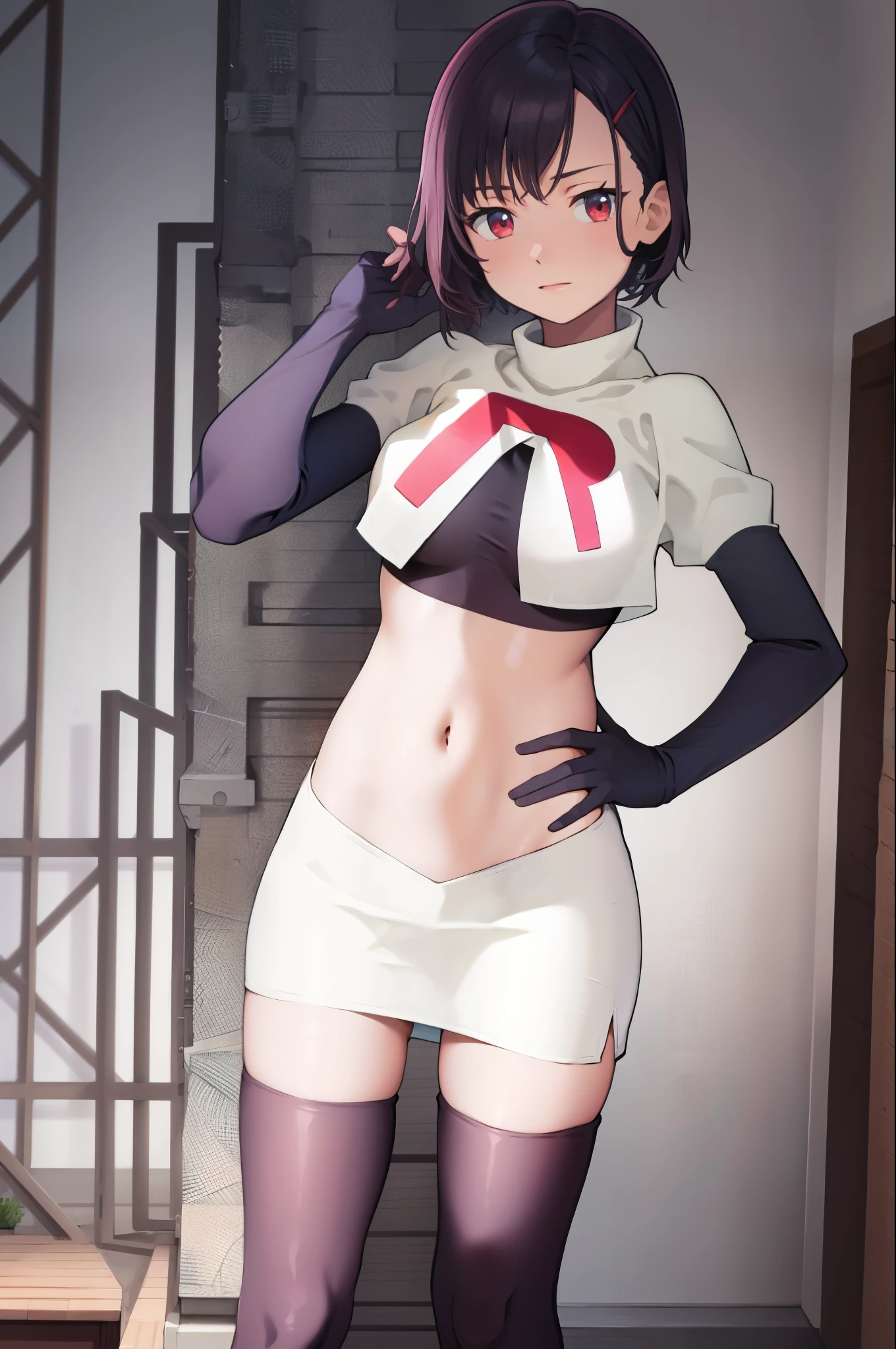 masterpiece, best quality, MShizukaV4, 1girl, solo, hair ornament, navel, medium breasts, standing, hairclip, team rocket, team rocket uniform, red letter R, white skirt, white crop top, black thigh-high boots, black elbow gloves,
