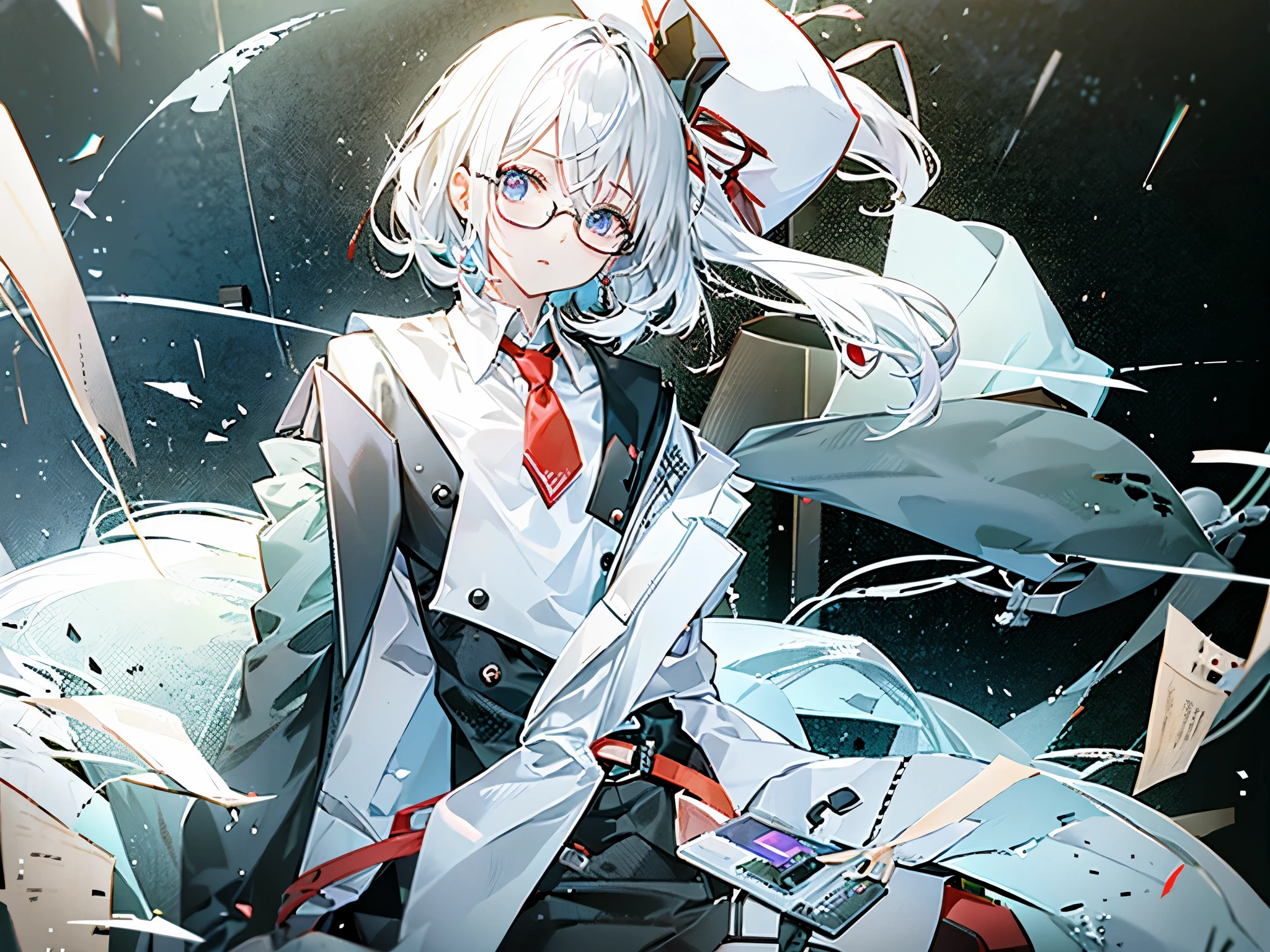（masutepiece）（high-detail）20&#39;s Male Android、Only evil、white  hair、poneyTail、Hats、tailcoat、neck tie、Wearing round glasses without rims（Eyes closed）、sitting on a chair that looks like a large machine（middle）、Chairs are connected by multiple cables（Connect to a machine such as an external hard disk）、Background with（An electronic world like science fiction、Virtual space、Near future）