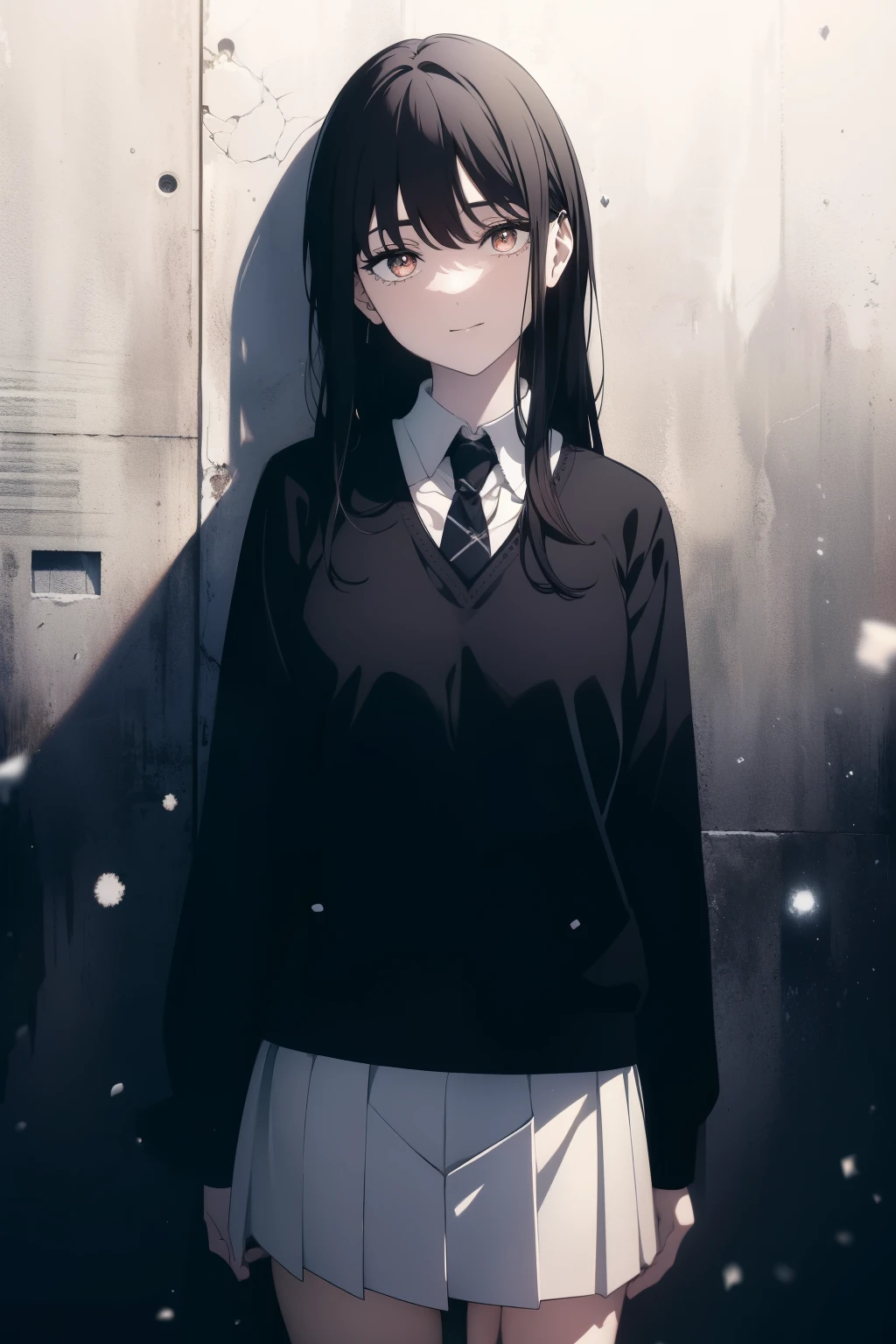 (Obra maestra, La mejor calidad, ultrahigh resolution), 1girl, standing, school uniform, white office shirt, black pleated skirt, (((black hair, dark black hair))), long hair cut, pale skin, ((brown eyes)), glowing_eyes, neon eyes, (ultra detailed eyes:0.7, beautiful and detailed face, detailed eyes:0.9), ((centered)), smile, ((wide shot)), facing viewer, eye level, ((vibrant background, snowy landscape, cityscape, snowing, snow)), flat chested, looking at viewer, ((half closed eyes)), ((perfect hands)), (((head:1, arms, hips, elbows, in view))), ((hands behind back)), empty eyes, beautiful lighting, outside, outdoors, background, defined subject, 25 years old, (head tilt)