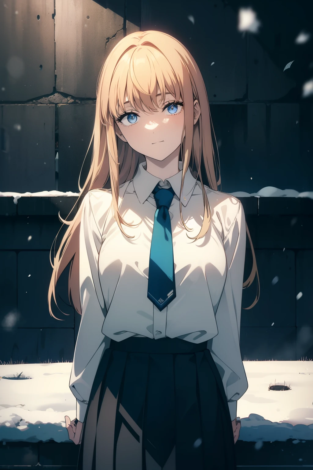 (Obra maestra, La mejor calidad, ultrahigh resolution), 1girl, standing, school uniform, white office shirt, black pleated skirt, (((light brown, light brown hair:0.7))), long hair cut, pale skin, ((blue eyes)), glowing_eyes, neon eyes, (ultra detailed eyes:0.7, beautiful and detailed face, detailed eyes:0.9), ((centered)), smile, ((wide shot)), facing viewer, eye level, ((vibrant background, snowy landscape, cityscape, snowing, snow)), flat chested, looking at viewer, ((half closed eyes)), ((perfect hands)), (((head:0.9, arms, hips, elbows, in view))), ((hands behind back)), empty eyes, beautiful lighting, outside, outdoors, background, defined subject, 25 years old, (head tilt)