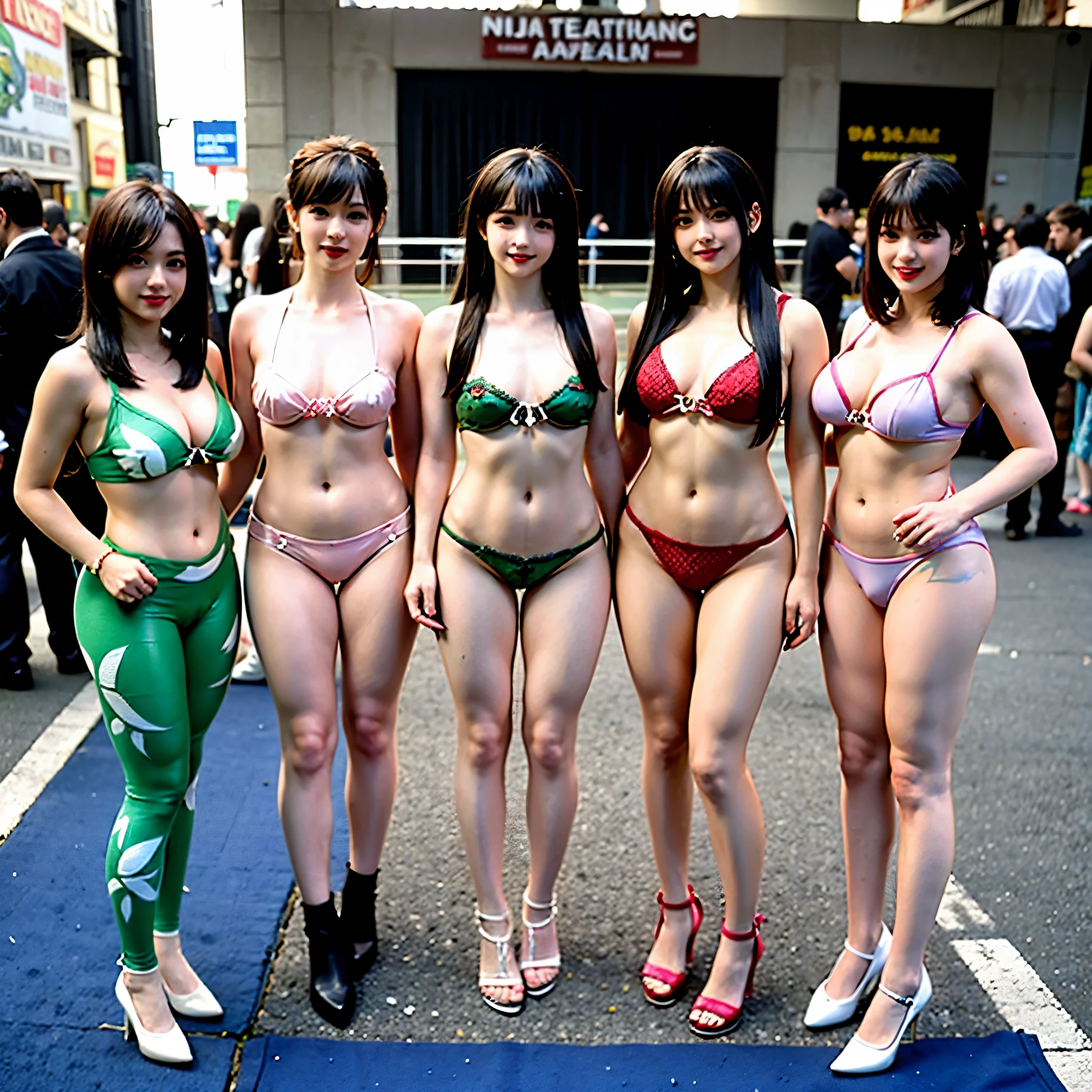 4 sexy young women (20) are nude in Ninja Turtle body paint, they are in sexy poses as the age Mutant Ninja Turtles. They are at a comic convention