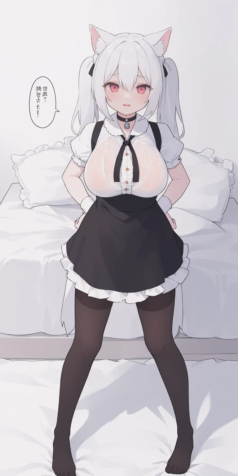 SFW, SLAVE FEMALE, Maid for sale. An African (very black skin) domestic worker for text "US dollar" full body, barefoot, standing straight symmetrical, huge boob(masterpiece, best quality:1.2), smirking smile, red blush, wet body, looking at viewer, hands on hips, twintails, twin drills, dress, blue pantyhose, striped pantyhose, Handcuffs on their hands, With a collar around the neck, slave catgirl ((black choker, shackles on legs and armedroom background (bed, pillow, sheet))