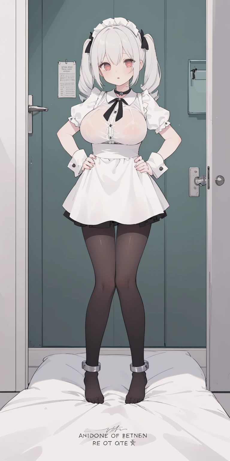 SFW, SLAVE FEMALE, Maid for sale. An African (very black skin) domestic worker for text "US dollar" full body, barefoot, standing straight symmetrical, huge boob(masterpiece, best quality:1.2), smirking smile, red blush, wet body, looking at viewer, hands on hips, twintails, twin drills, dress, blue pantyhose, striped pantyhose, Handcuffs on their hands, With a collar around the neck, slave catgirl ((black choker, shackles on legs and armedroom background (bed, pillow, sheet))