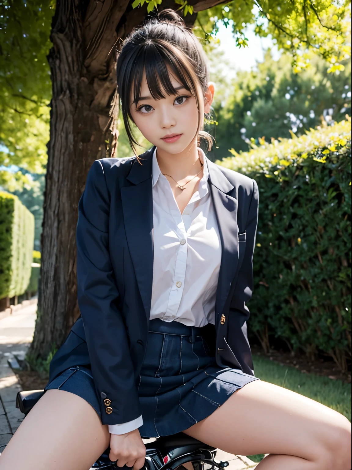(masterpiece、ultra-detailliert、8K、top-quality:1.5)、((Awesome))、smil、14 year old idol high school girl、Shorthair with bangs、校服、((Dark blue blazer))、((Dark blue checked miniskirt))、((Straddling a bike))、a park