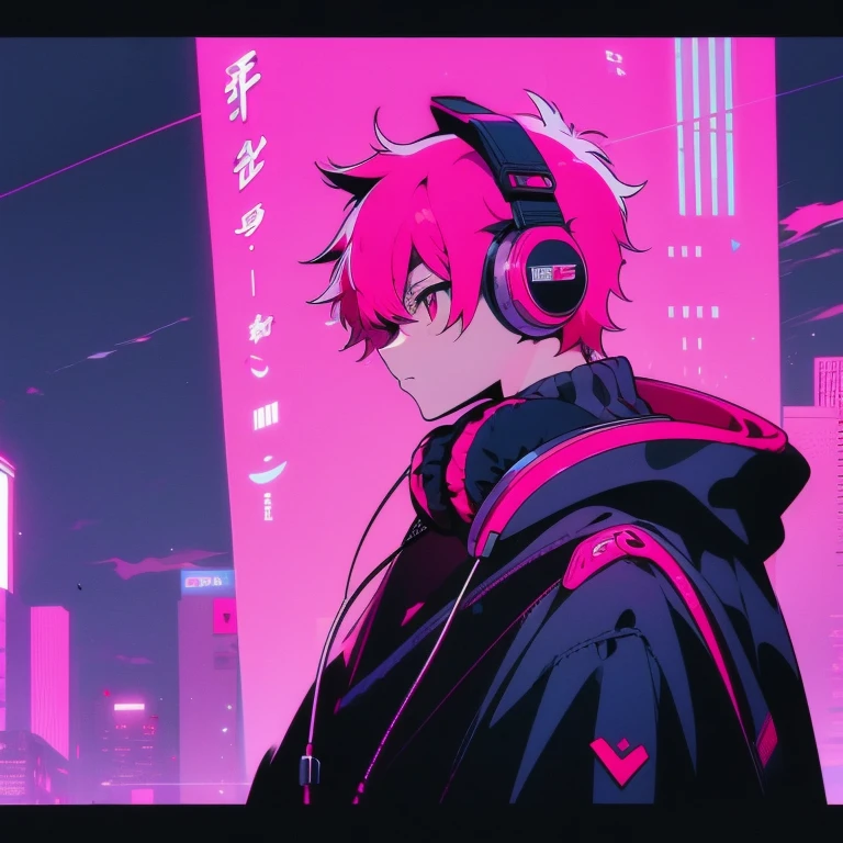 (short-cut), (Two-block hair), (vivid pink hair), (male character), (Red Eyes), (Cool pose), (of the highest quality), (​masterpiece), (ultra-detailliert), (Oversized hoodies), (Street), (neons), (Camera from a down angle), (Modern City), (neonsデイライト), (Cinematic), (Stylish), (hight resolution), (Hyper Detailed), (Looking at the camera), (Anime-style), (Softtown), (nightcore), (a handsome man), (Listening to music through headphones), (natural appearance of the building), (casual), (ig studios anime style), (Super beautiful angle of view),