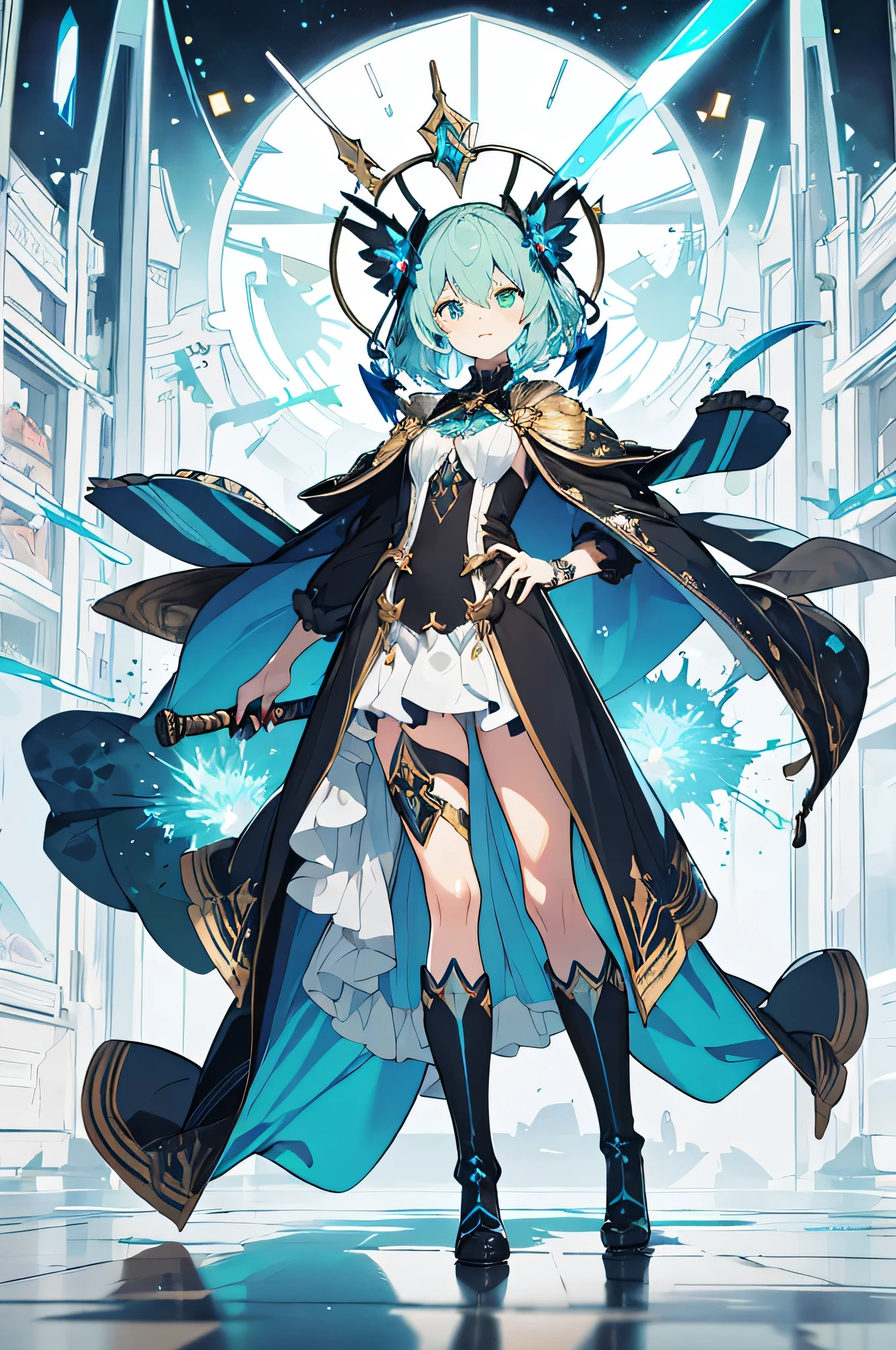 Excalibur, Delicate mango, The blade is exquisite,Well decorated,(((The blade is designed with blue opal and light green particle effect pattern...:1.3))), should, (The blade is decorated symmetrically:1.3), (The entire Excalibur blade is centered:1.3), Close-ups at medium distances,(General silhouette:1.3),(Fantastic landscape painting:1.2), hyper realistic photography, super-fine, 8K, Premium Wallpapers, The highest image quality, ..。.。.。.3D,C4D, tmasterpiece, rendering by octane,((Full body)),((Medium Hair)),White heel boots,Full body,Full body,Medium Hair,