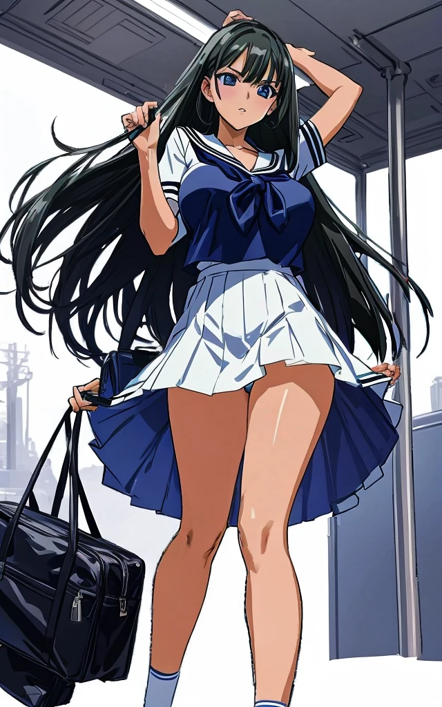 A beautiful woman with long black hair, big breasts, and beautiful legs is wearing a sailor suit with a white miniskirt, showing light blue and blue striped panties, and standing proudly glaring at a middle-aged office worker on the train.。