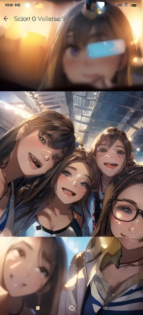 there are four girls that are taking a selfie together, beautiful girls, beautiful faces, low quality grainy, not blurry, slightly awkward smile!, having a great time, snapchat photo, blurry, non blurry, profile picture, smiling for the camera, very silly looking, yearbook photo, very very low quality picture, with makeup faces!!, posing for a picture