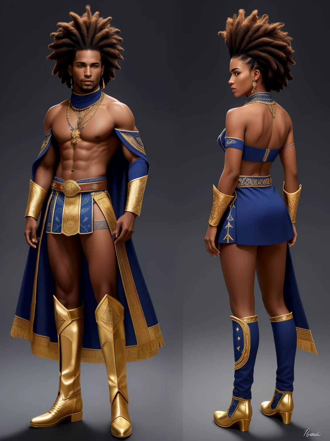 Create an image of a black ninja after an apocalypse in the future, afro cabelo caindo para frente, Rasta type but braided, corpo inteiro, vestindo um traje indiano ribulo africano corpo inteiro, A realistic 4K phoenix with blue feathers, dourado, cosmico , com uma Moreno, de cabelo afro cabelo caindo para frente, Rasta type but braided, Estilo Art Vista de Corpo Inteiro, plano completo, vista frontal, Vista lateral, vista traseira, de personagem, Multiple views and poses, various points of view, um personagem, corpo inteiro, personagem com menos, estilo de roupa, no mesmo Estilo de cabelo, less Type of footwear, strong full-body vision, plano completo, vista frontal, vista traseira, design de personagem, Multiple views and poses, various points of view, de um personagem, corpo inteiro,, personagem com mesmo, estilo de roupa, no mesmo Estilo de cabelo, same type of footwearThe route follows the cores of the Cape Verde flag. The top is deep blue, simbolizando o oceano que cerca as ilhas. The chest and the central part are white, representando a paz e a unidade do povo cabo-verdiano. The sleeves and legs are red, denoting determination and spirit, do 10 Estrelas Douradas, : Ten gold stars are prominently displayed at the top of the costume, ao longo do peito e ombros, representando as 10 principais ilhas de Cabo Verde. Cada estrela, It is carefully detailed and shines brightly against the background Star Belt A wide belt, also golden, is used in Tribal Details, O traje incorpora elementos tribais discretos em seu design, referencing the cultural heritage of Cape Verde