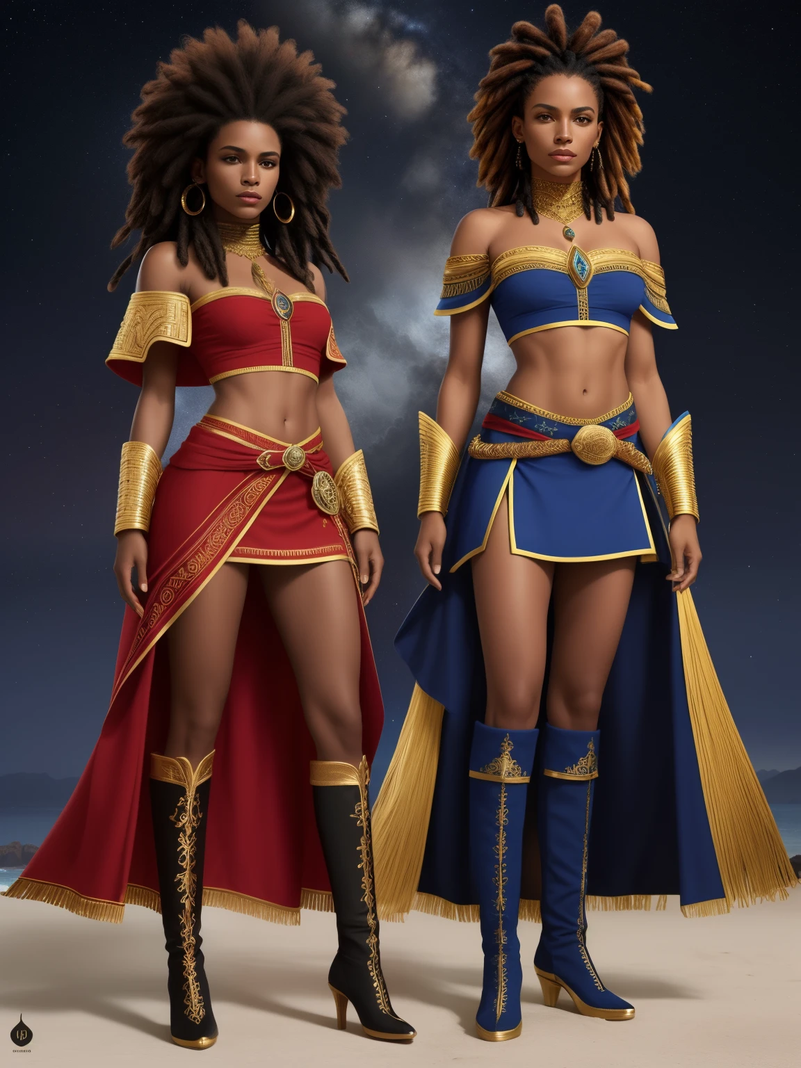 Create an image of a black ninja after an apocalypse in the future, afro cabelo caindo para frente, Rasta type but braided, corpo inteiro, vestindo um traje indiano ribulo africano corpo inteiro, A realistic 4K phoenix with blue feathers, dourado, cosmico , com uma Moreno, de cabelo afro cabelo caindo para frente, Rasta type but braided, Estilo Art Vista de Corpo Inteiro, plano completo, vista frontal, Vista lateral, vista traseira, de personagem, Multiple views and poses, various points of view, um personagem, corpo inteiro, personagem com menos, estilo de roupa, no mesmo Estilo de cabelo, less Type of footwear, strong full-body vision, plano completo, vista frontal, vista traseira, design de personagem, Multiple views and poses, various points of view, de um personagem, corpo inteiro,, personagem com mesmo, estilo de roupa, no mesmo Estilo de cabelo, same type of footwearThe route follows the cores of the Cape Verde flag. The top is deep blue, simbolizando o oceano que cerca as ilhas. The chest and the central part are white, representando a paz e a unidade do povo cabo-verdiano. The sleeves and legs are red, denoting determination and spirit, do 10 Estrelas Douradas, : Ten gold stars are prominently displayed at the top of the costume, ao longo do peito e ombros, representando as 10 principais ilhas de Cabo Verde. Cada estrela, It is carefully detailed and shines brightly against the background Star Belt A wide belt, also golden, is used in Tribal Details, O traje incorpora elementos tribais discretos em seu design, referencing the cultural heritage of Cape Verde