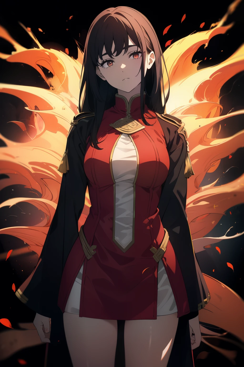 ((((Obra maestra, La mejor calidad, ultrahigh resolution)))), 1girl, happy, ((((standing, clad in suit of red samarai armor)))), (black hair, dark black hair over eye:1), long hair cut, pale skin, ((brown eyes)), (glowing_eyes), (ultra detailed eyes:0.7, beautiful and detailed face, detailed eyes:0.9), ((centered)), ((over joyed expression)), ((wide shot)), facing viewer, (((outdoors, purple and black lights, black dancing silhouettes:0.9))), medium breasts, looking at viewer, ((half closed eyes)), ((perfect hands)), (((head:1, arms, hips in view, elbows, thighs, in view))), ((hands at sides)), lively eyes, beautiful lighting, outside, outdoors, background, defined subject, 25 years old, (head tilt), (((cool))), ((lively)), (((wave of fire, flames)))