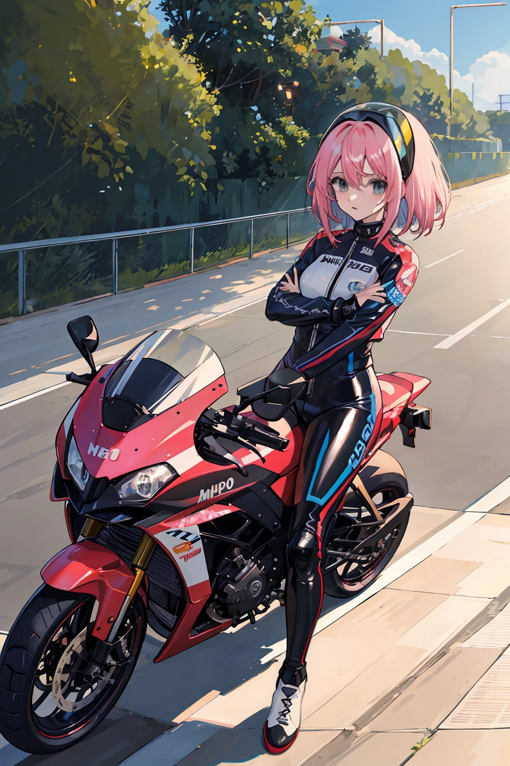 menina anime, cabelo rosa, Fato de corrida azul, motocicleta, capacete, excitado, Apontando, Race track, F Copo Seios, latex suit, cabelos longos, rabo-de-cavalo