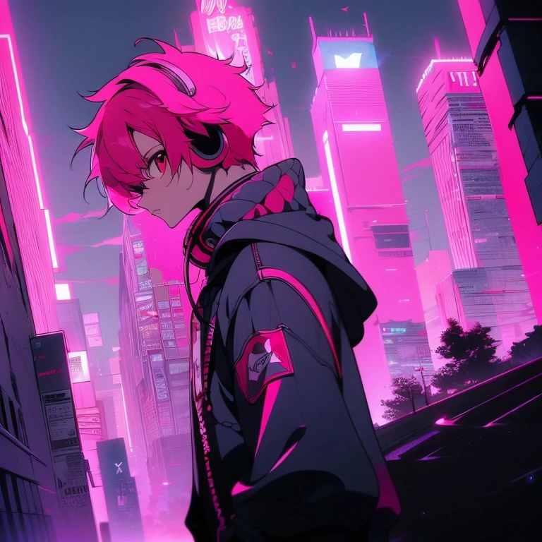 (short-cut), (Two-block hair), (vivid pink hair), (male character), (Red Eyes), (Cool pose), (of the highest quality), (​masterpiece), (ultra-detailliert), (Oversized hoodies), (Street), (neons), (Camera from a down angle), (Modern City), (neonsデイライト), (Cinematic), (Stylish), (hight resolution), (Hyper Detailed), (Looking at the camera), (Anime-style), (Softtown), (nightcore), (a handsome man), (Listening to music through headphones), (natural appearance of the building), (casual), (ig studios anime style), (Super beautiful angle of view),