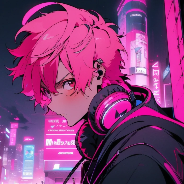 (short-cut), (Two-block hair), (vivid pink hair), (male character), (Red Eyes), (Cool pose), (of the highest quality), (​masterpiece), (ultra-detailliert), (Oversized hoodies), (Street), (neons), (Camera from a down angle), (Modern City), (neonsデイライト), (Cinematic), (Stylish), (hight resolution), (Hyper Detailed), (Looking at the camera), (Anime-style), (Softtown), (nightcore), (a handsome man), (Listening to music through headphones), (natural appearance of the building), (casual), (ig studios anime style), (Super beautiful angle of view),