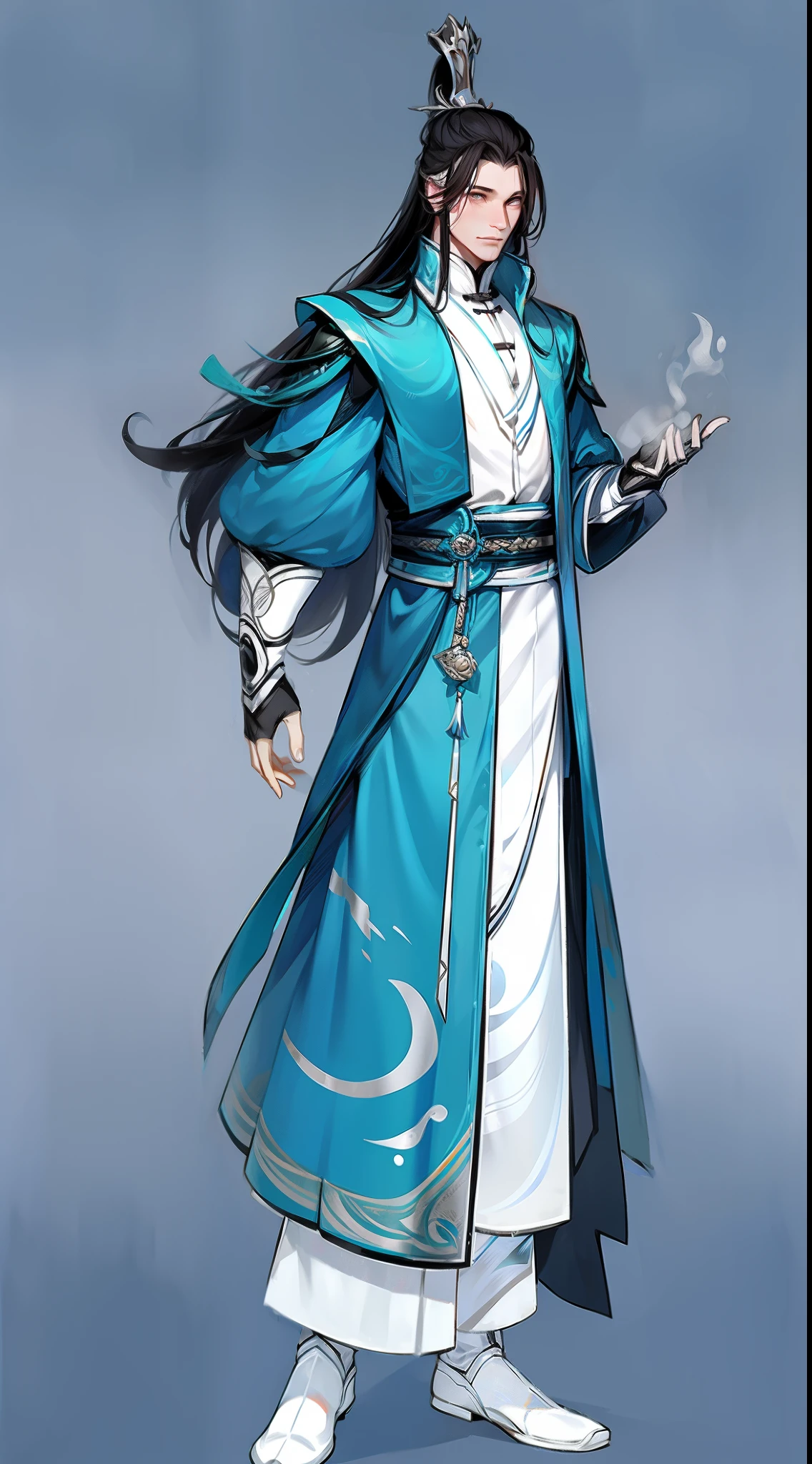 Character concept design, 2D graphic style, ancient Chinese costumes, elegant scholars, 1boy, male focus, long hair, solo, white background, full body, chinese clothes, standing, hanfu, background, gloves, wide sleeves, holding, white footwear, long sleeves, looking at viewer, boots