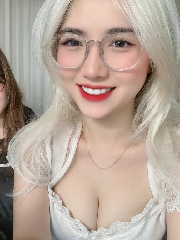 (realistic, high resolution:1.3), 2 girls with perfect figure,(((2 girls:1.4))), glasses, smile, ((pale white skin:1.3)) ,(gigantic breasts:1.3), looking at viewers, super fine face and eyes, long hair, white transparent lace veil: 1.2 , in bedroom, sit on the bed, , exposed cleavage, upper body, half body