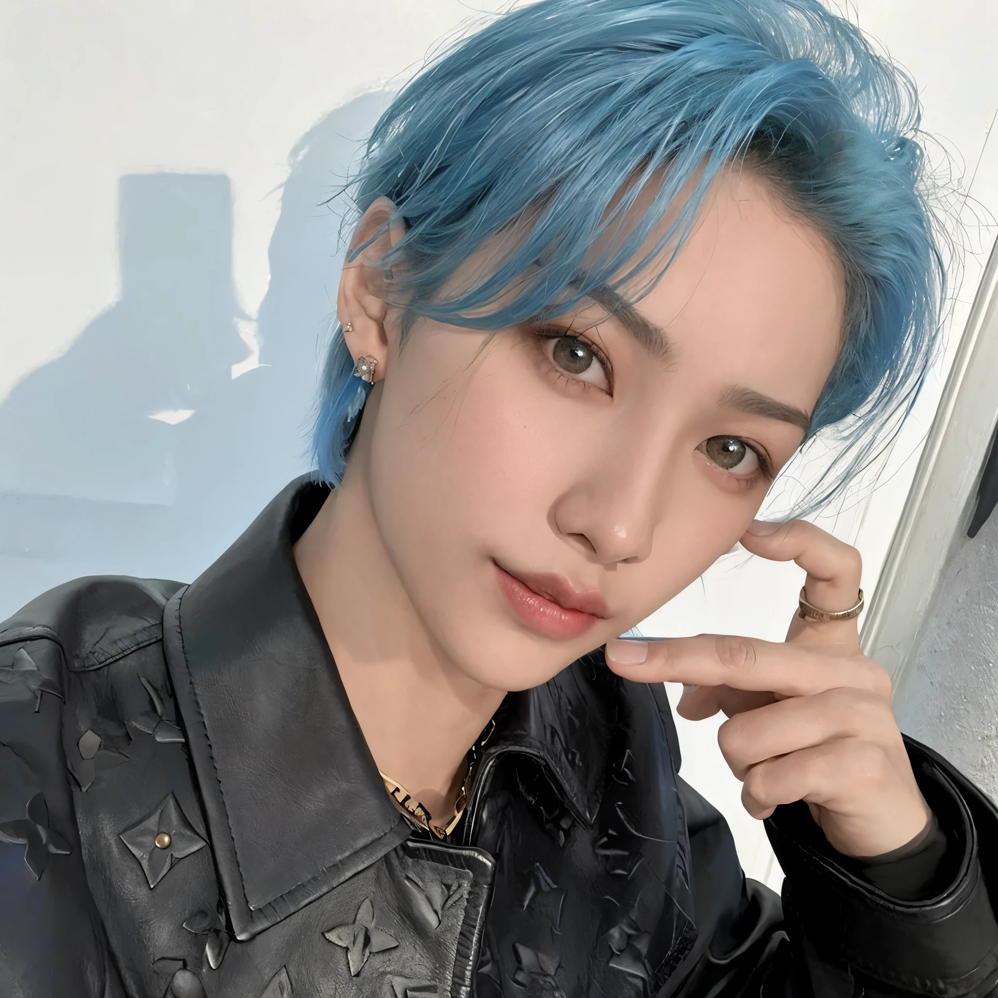 arafed woman con cabello azul and a black jacket posing for a picture, Cai Xukun, con cabello azul, Pelo corto azul, Pelo corto azul, con el pelo corto, Cabello azul cielo, Cabello liso azul cielo, Hyung Tae, Kim Doyoung, con piel azul, Peinado azul, XQC, Jinyoung Shin, Pelo corto azuled woman, straight Cabello azul cielo