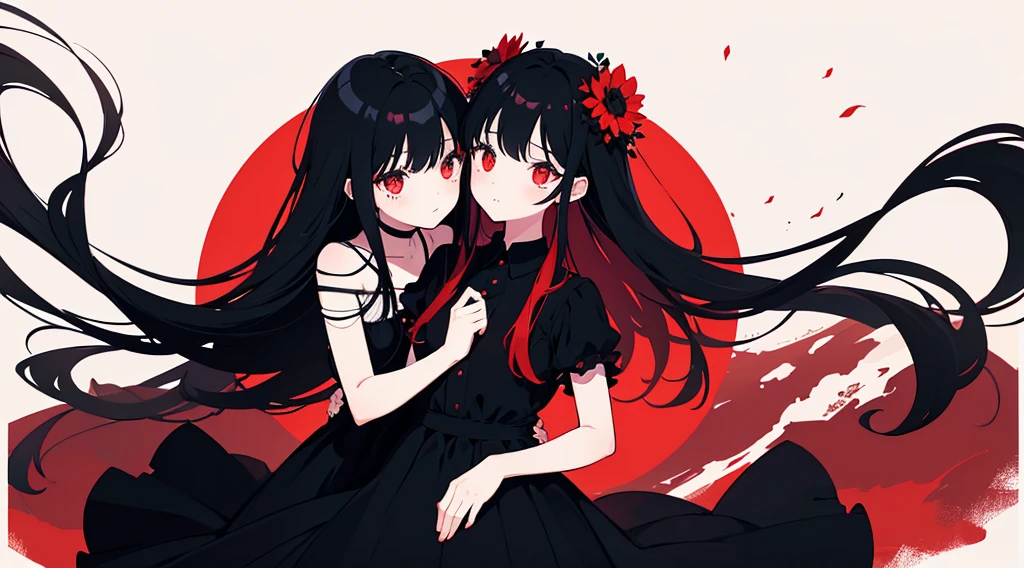 (2 girls, black hair, long hair, red eyes, black sundress, hug, cute, kawaii), (red moon, black flower field), (low contrast, flat color, limited palette)